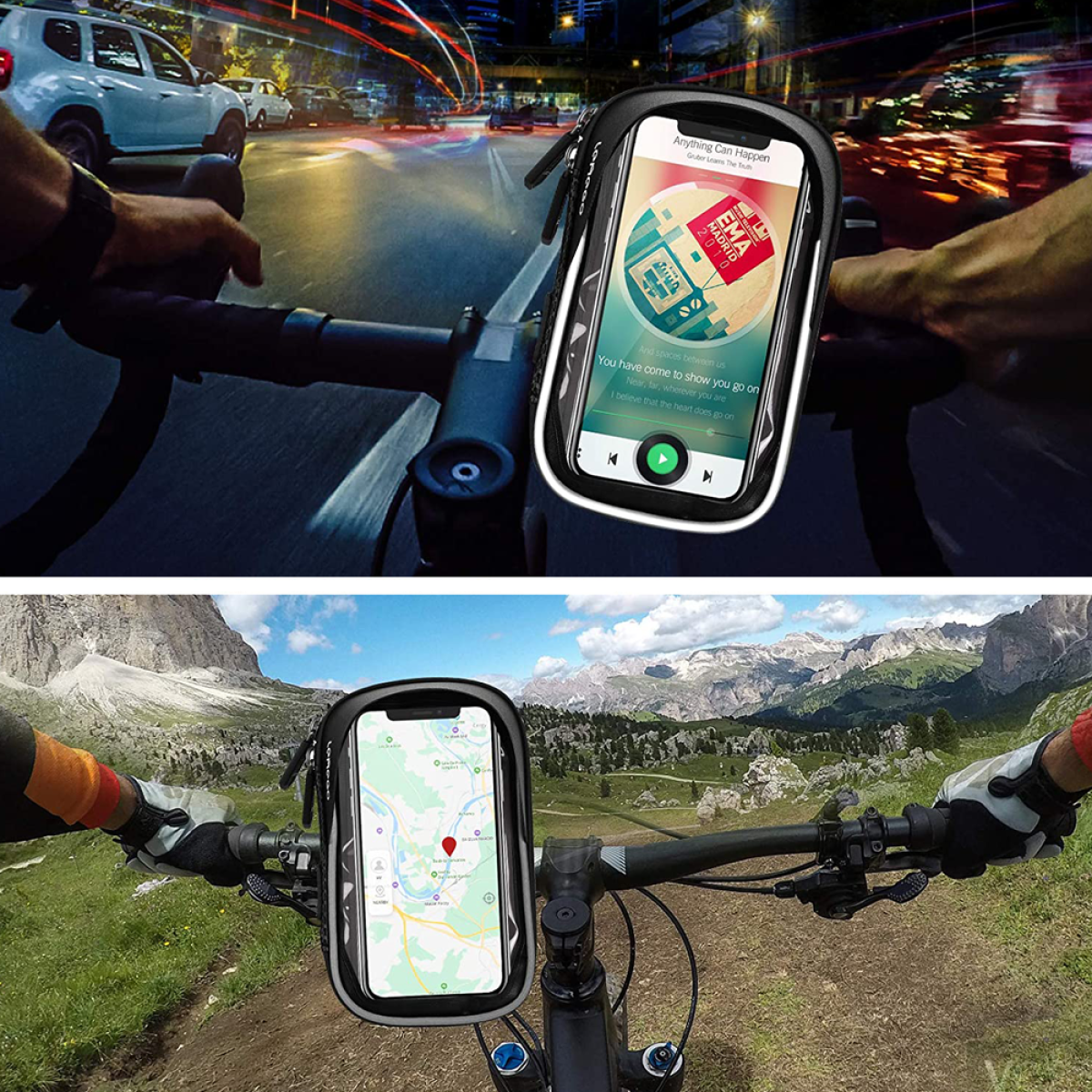 Zwei Bilder eines Telefons in einer Fahrradhalterung. Eines zeigt eine Karte, das andere eine Musik-App. Der Hintergrund ist im Freien.