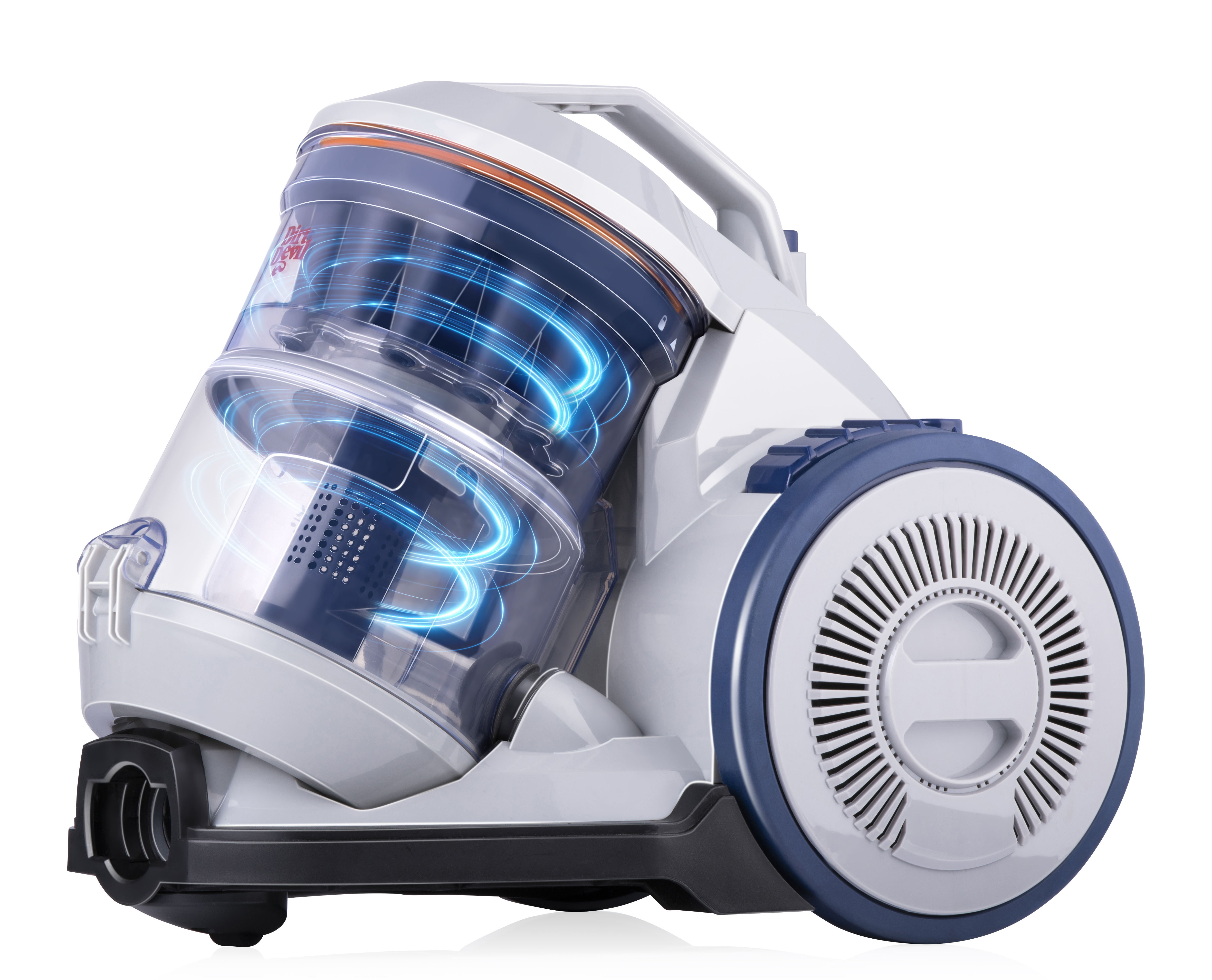 Weiß-blauer Staubsauger mit transparentem Staubbehälter und blauer Spirale.