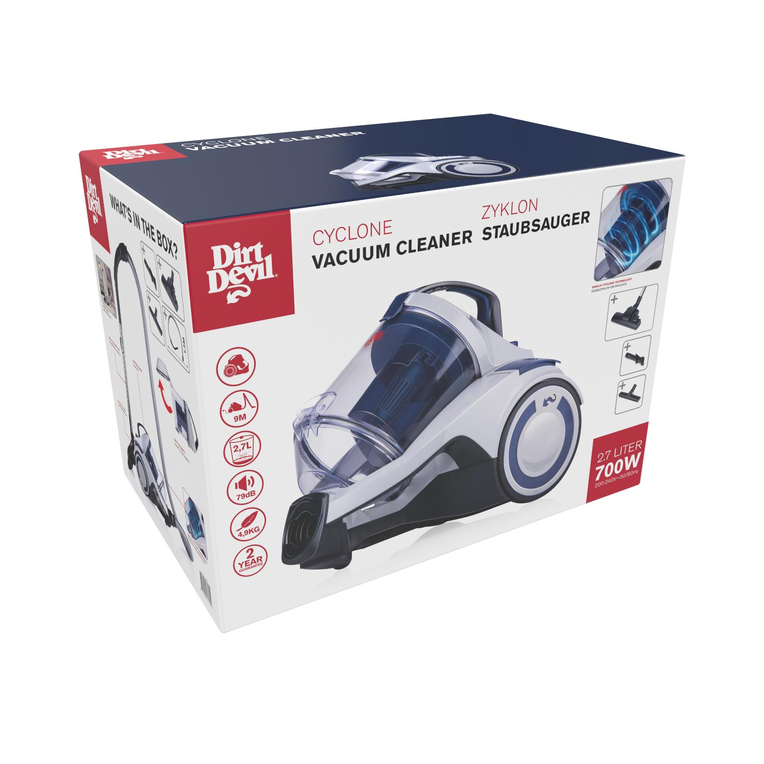 Ein Staubsauger in einer Box. Die Box zeigt Produktnamen und Details sowie Bilder des Produkts.