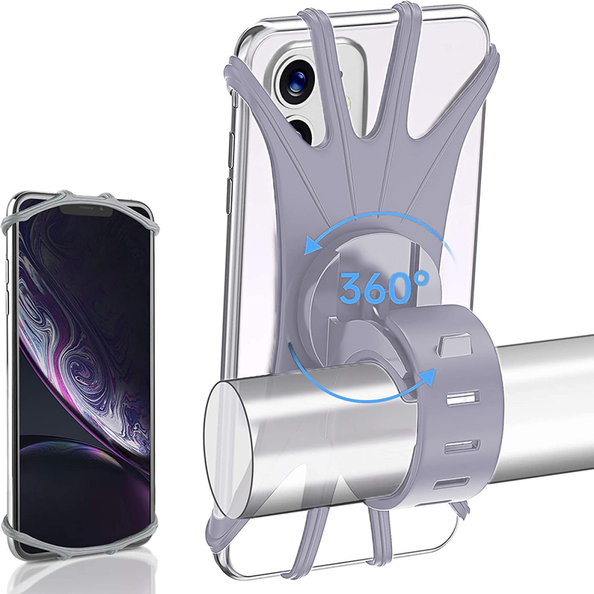 Telefon auf einer Stange mit grauem Halter montiert. Der Halter kann sich um 360 Grad drehen. Ein zweites Telefon ist links.