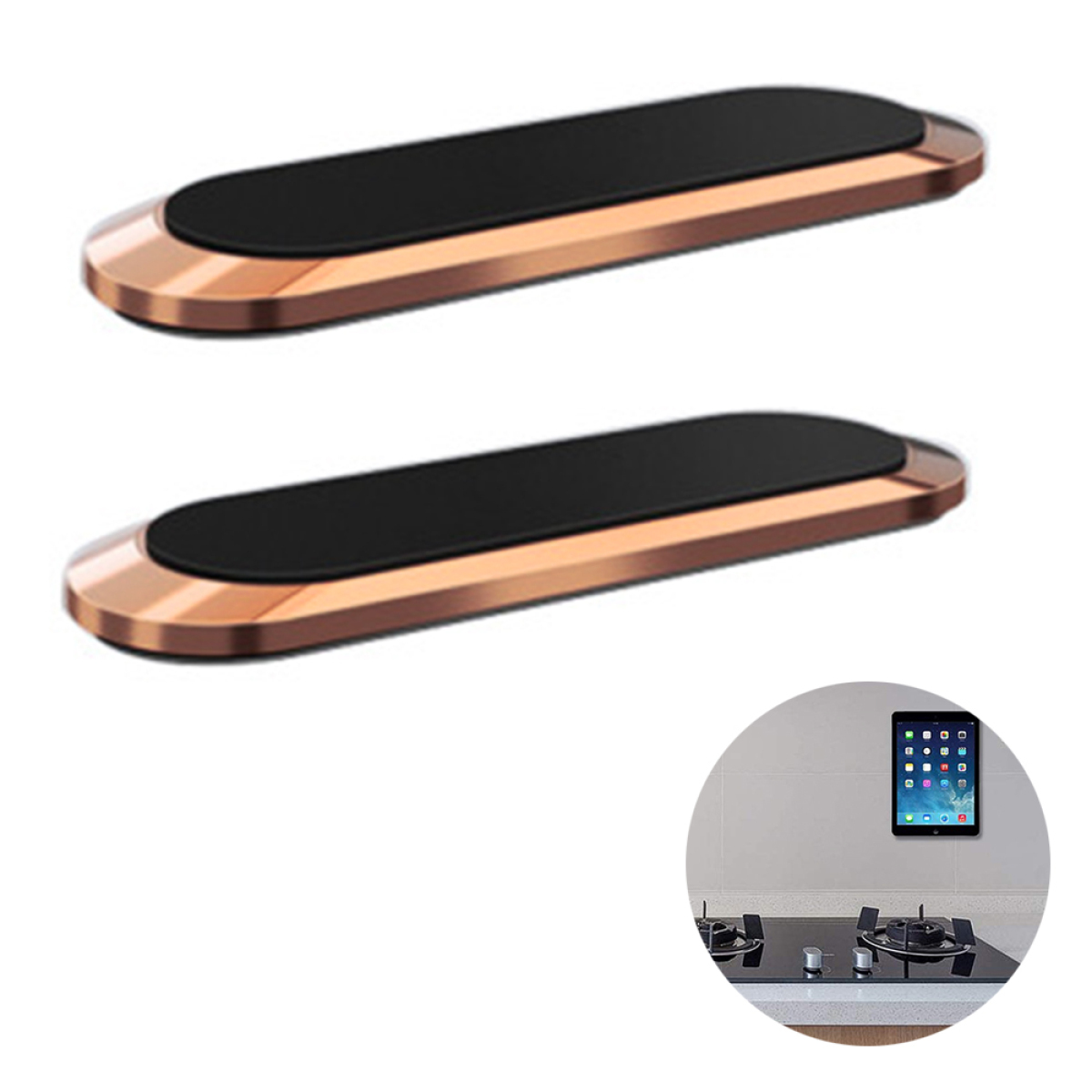 Zwei magnetische Telefonhalter aus Schwarz und Bronze, mit einem Telefon an der Wand.