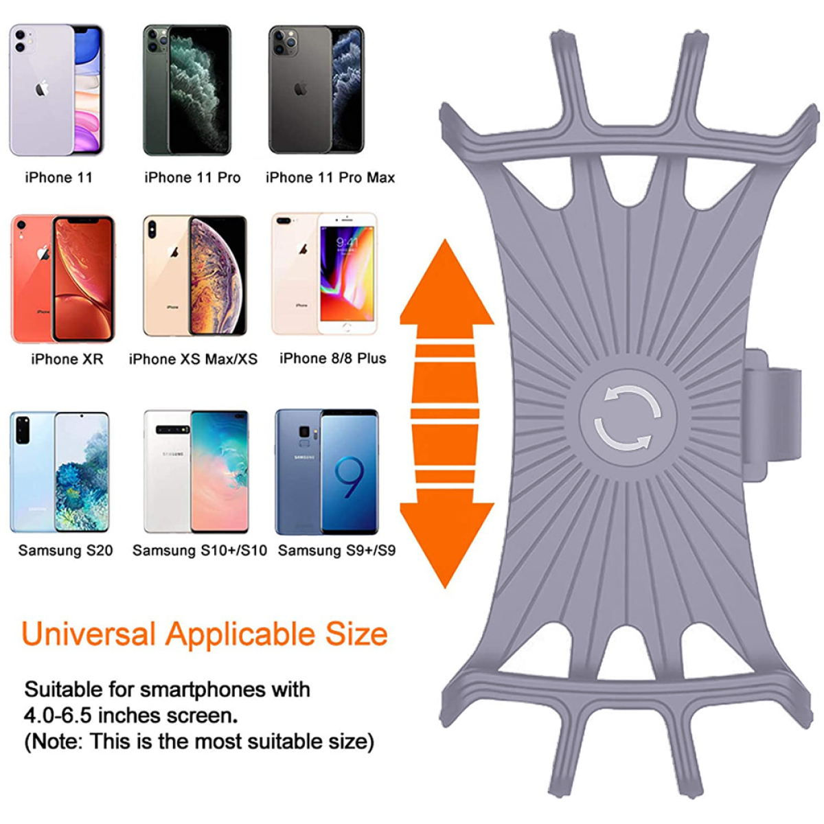 Grauer Telefonhalter mit Pfeil und Telefonmodellen. Text: Universell anwendbare Größe.