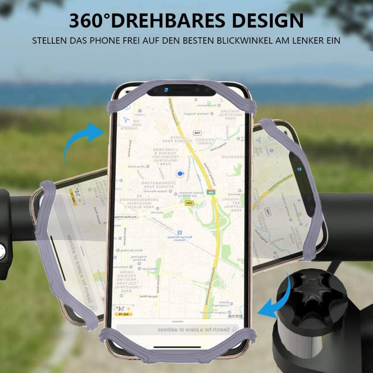 Telefonhalterung mit Telefon, das eine Karte anzeigt, an Fahrradlenkern montiert. Text: 360° drehbares Design.