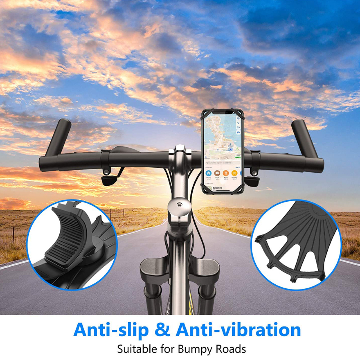 Fahrradlenker mit Telefonhalterung. Das Telefon zeigt eine Karte. Nahaufnahmen von Halterungsteilen.