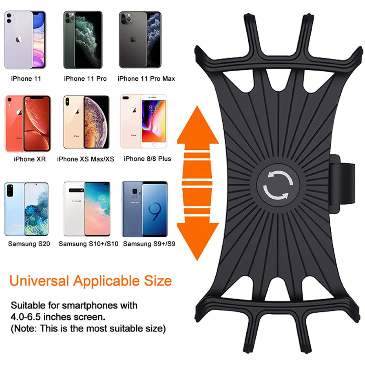 Ein Telefonhalter mit verschiedenen Telefonen, der die Kompatibilität mit verschiedenen Modellen veranschaulicht.