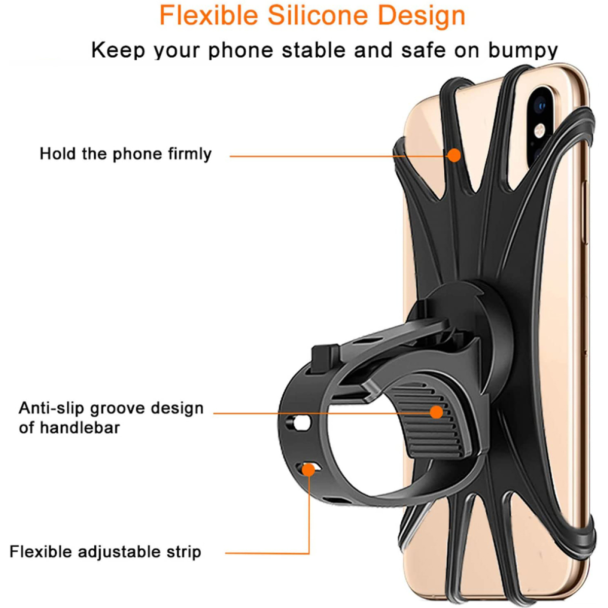 Schwarzer Telefonhalter mit flexiblem Silikondesign, der ein Telefon hält. Weißer Hintergrund.