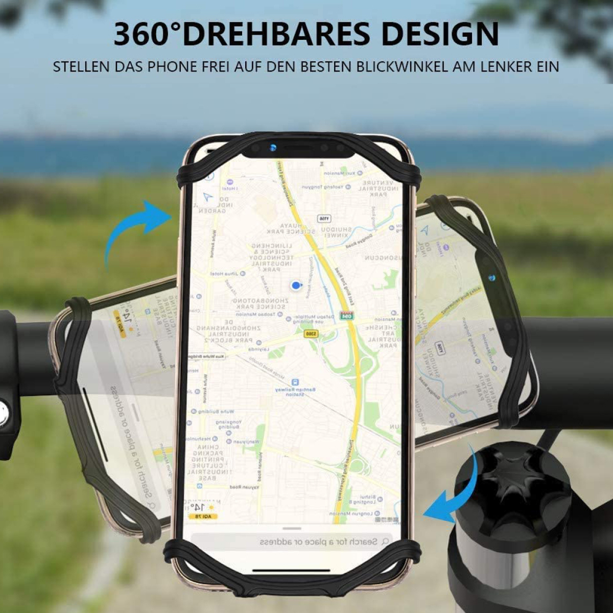 Ein Smartphone, das an einem Fahrradlenker befestigt ist und eine Karte anzeigt und von einer Halterung umgeben ist.