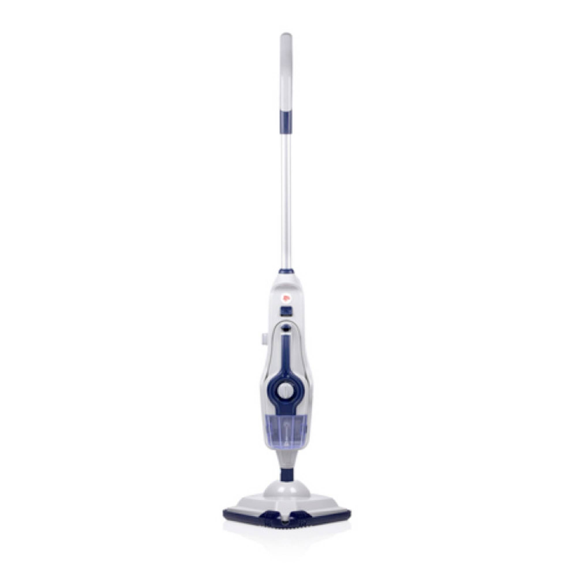 Een witte en blauwe stoommop. Hij staat rechtop met de dweilkop op de vloer en een lange steel.
