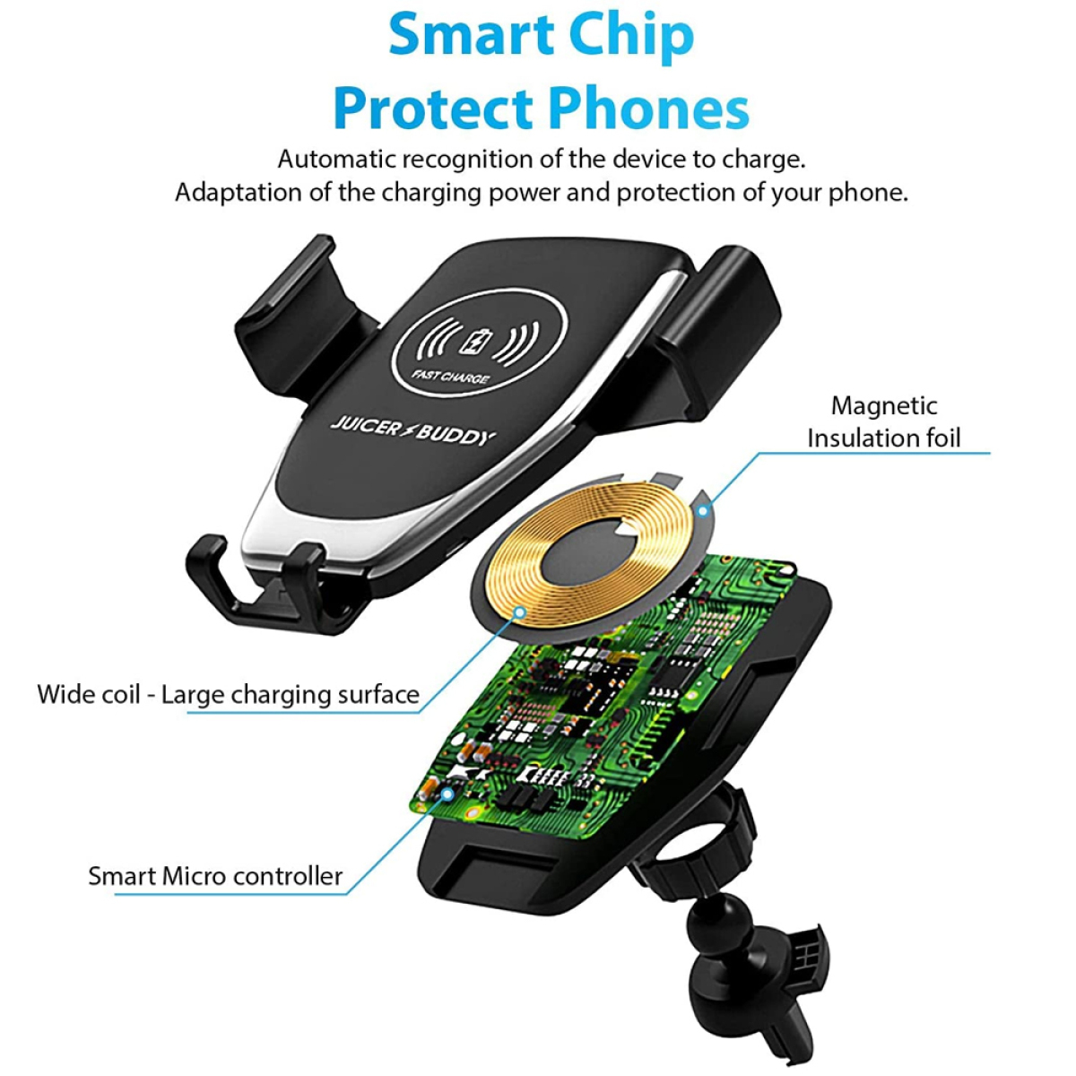 Eine Telefon-Ladehalterung mit Smart-Chip. Die Halterung ist schwarz und hat eine goldene Spule.
