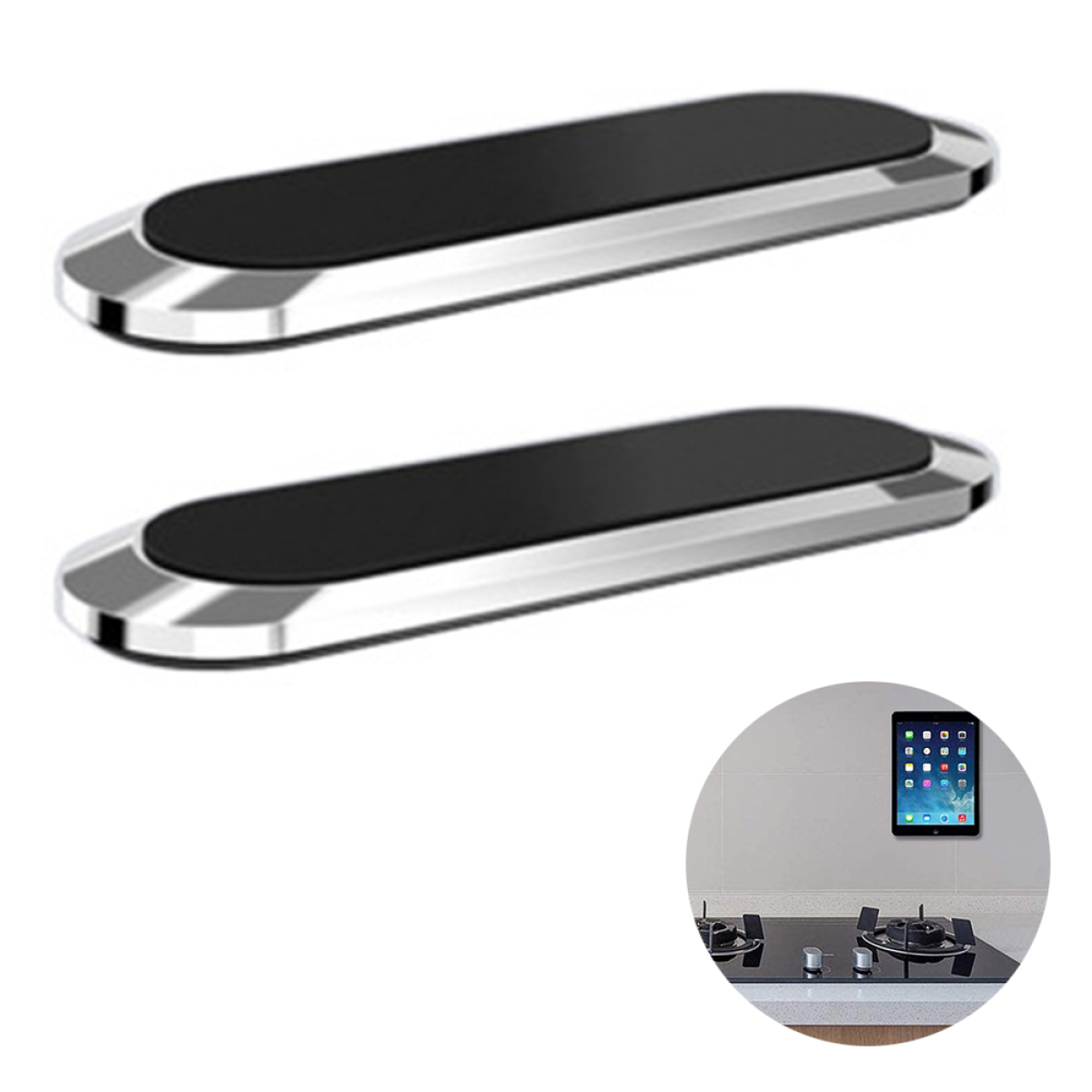 Zwei metallische Telefonhalter, einer mit Telefon an der Wand, über Herd.
