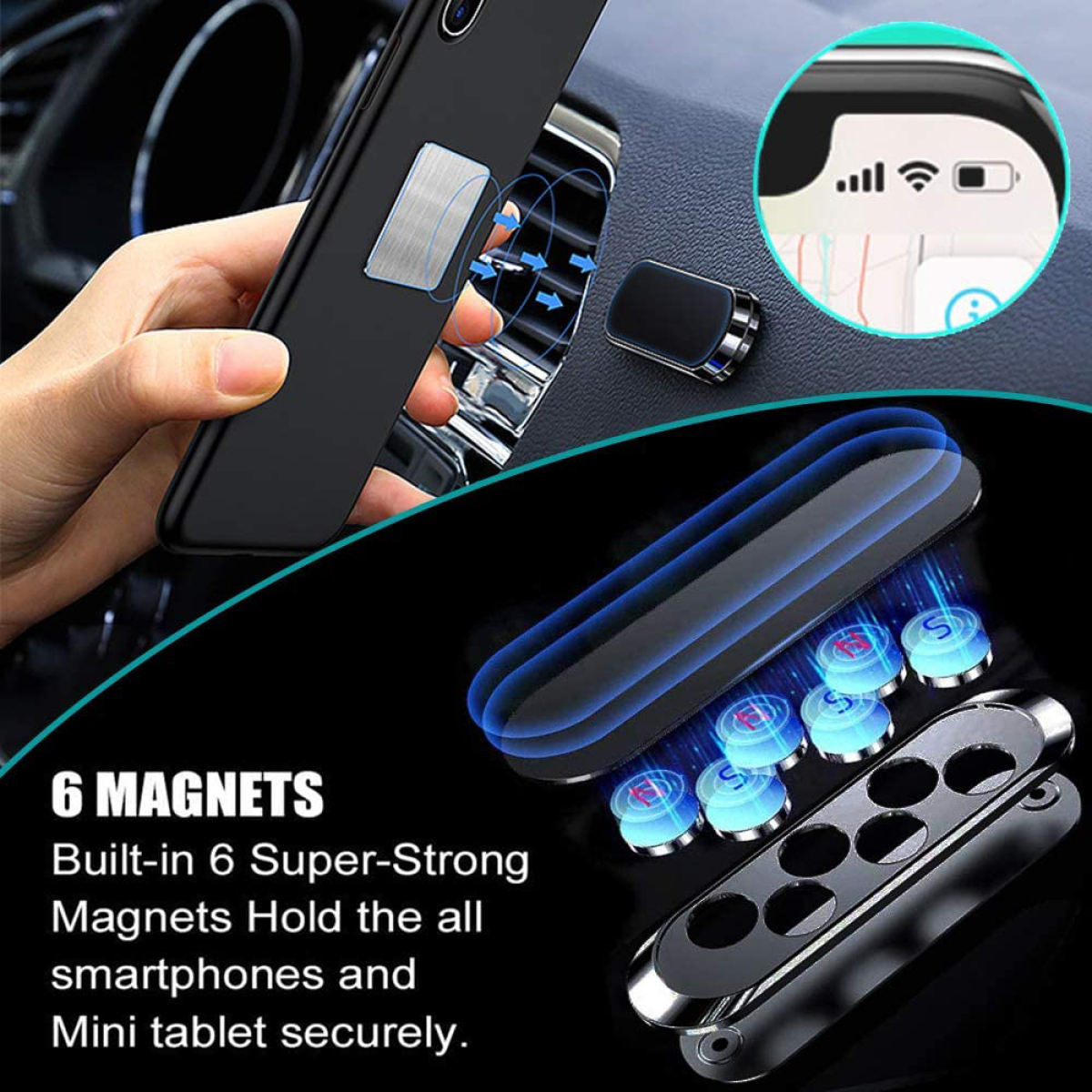 Ein Telefon mit Magnetbefestigung im Auto. 6 Magnete halten das Telefon. Text sagt, dass es Smartphones und Mini-Tablets hält.