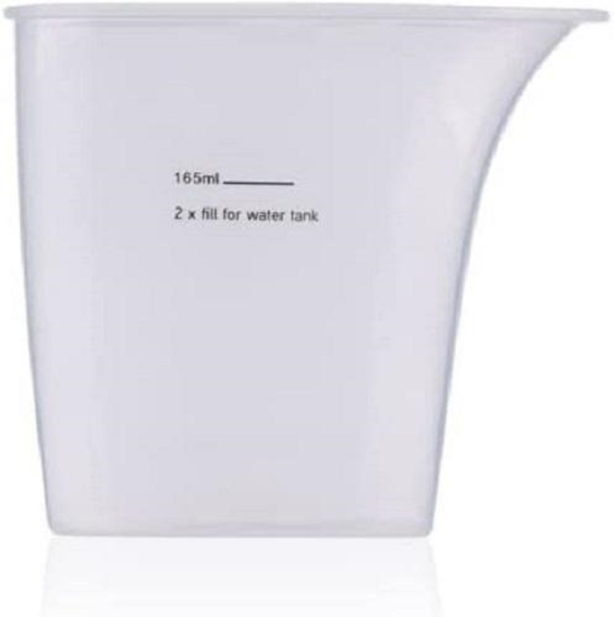 Transparenter Messbecher mit 165ml Markierung und Text.