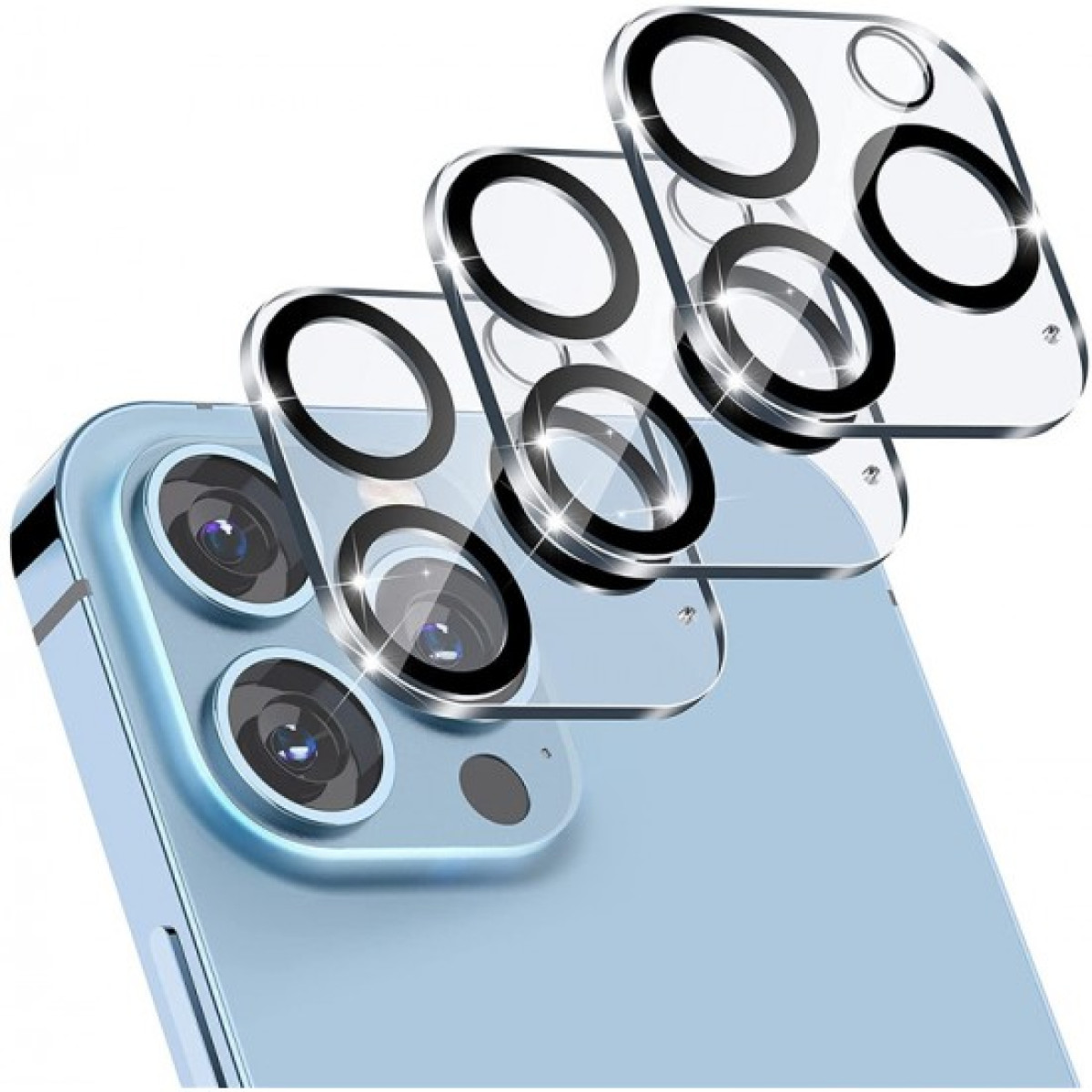Phone with camera lens protectors on top. Clear glass over black camera lenses. White background.