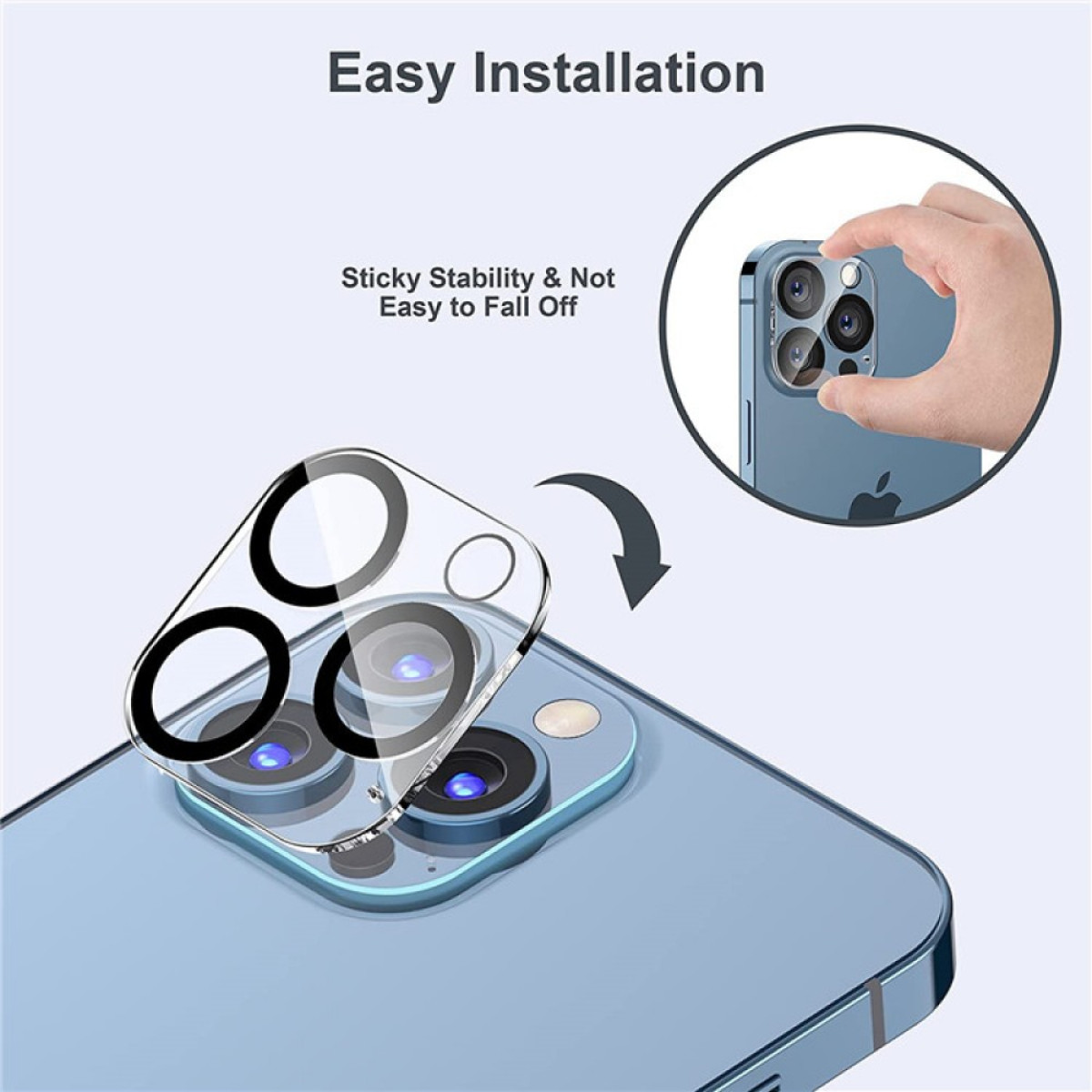 Clear screen protector being applied to a blue iPhone. The text reads 'Easy Installation'.