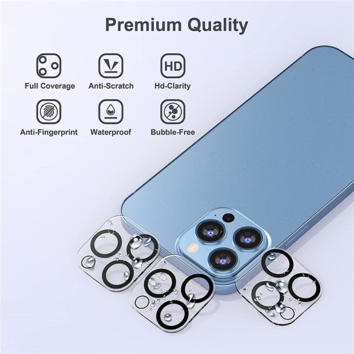 Phone with lens protectors, showing labels like 'full coverage', 'anti-scratch'. Phone is blue.