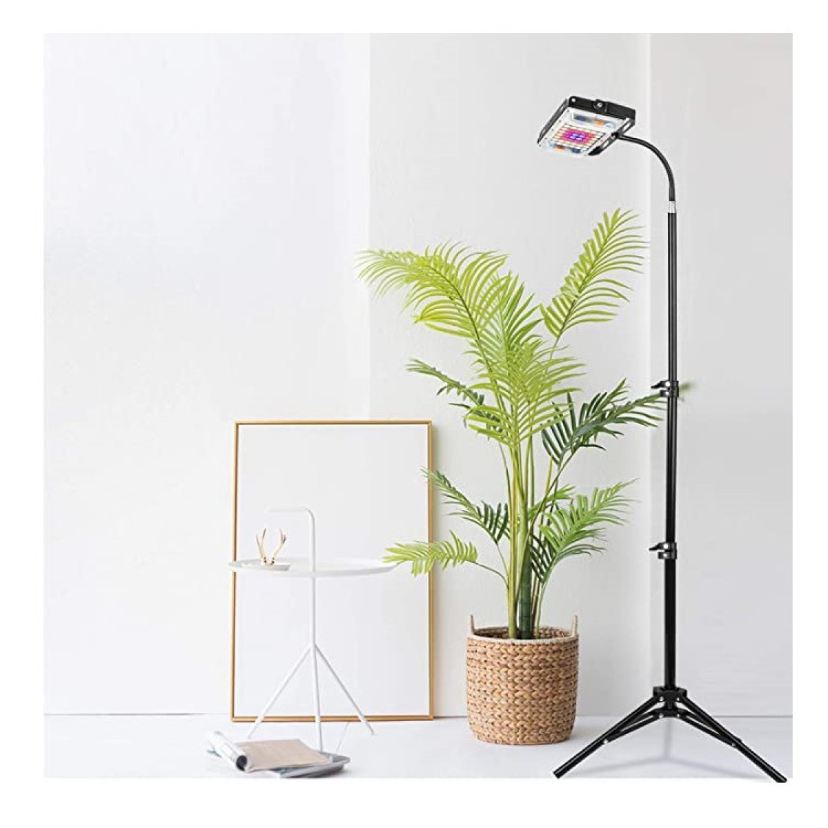 Un support de plante avec une plante, lampadaire avec une lumière et une table avec un livre.