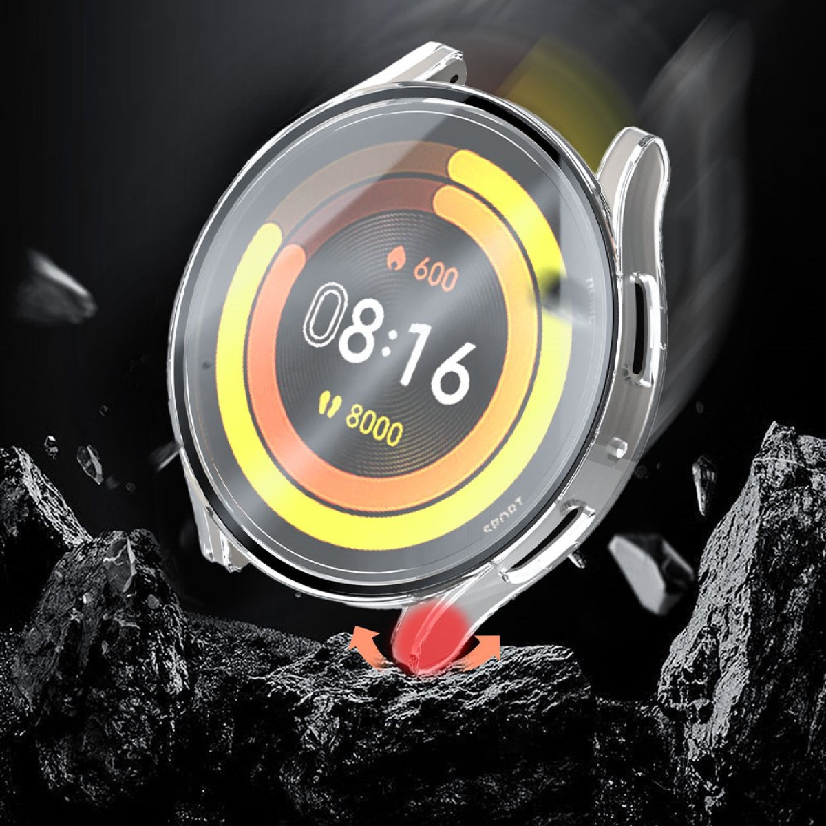Eine Smartwatch mit silbernem Rahmen, die die Uhrzeit 08:16, Aktivitätsdaten und fallende Steine im Hintergrund anzeigt.