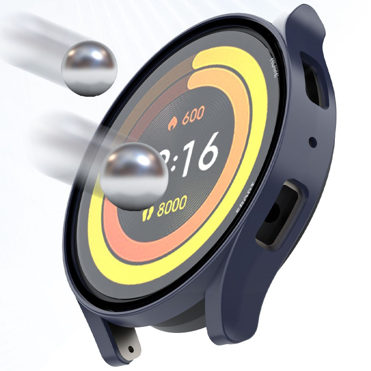 Dunkelblaue Smartwatch mit Schutzhülle, Bildschirm mit Uhrzeit und Daten, und zwei silbernen Kugeln in Bewegung.