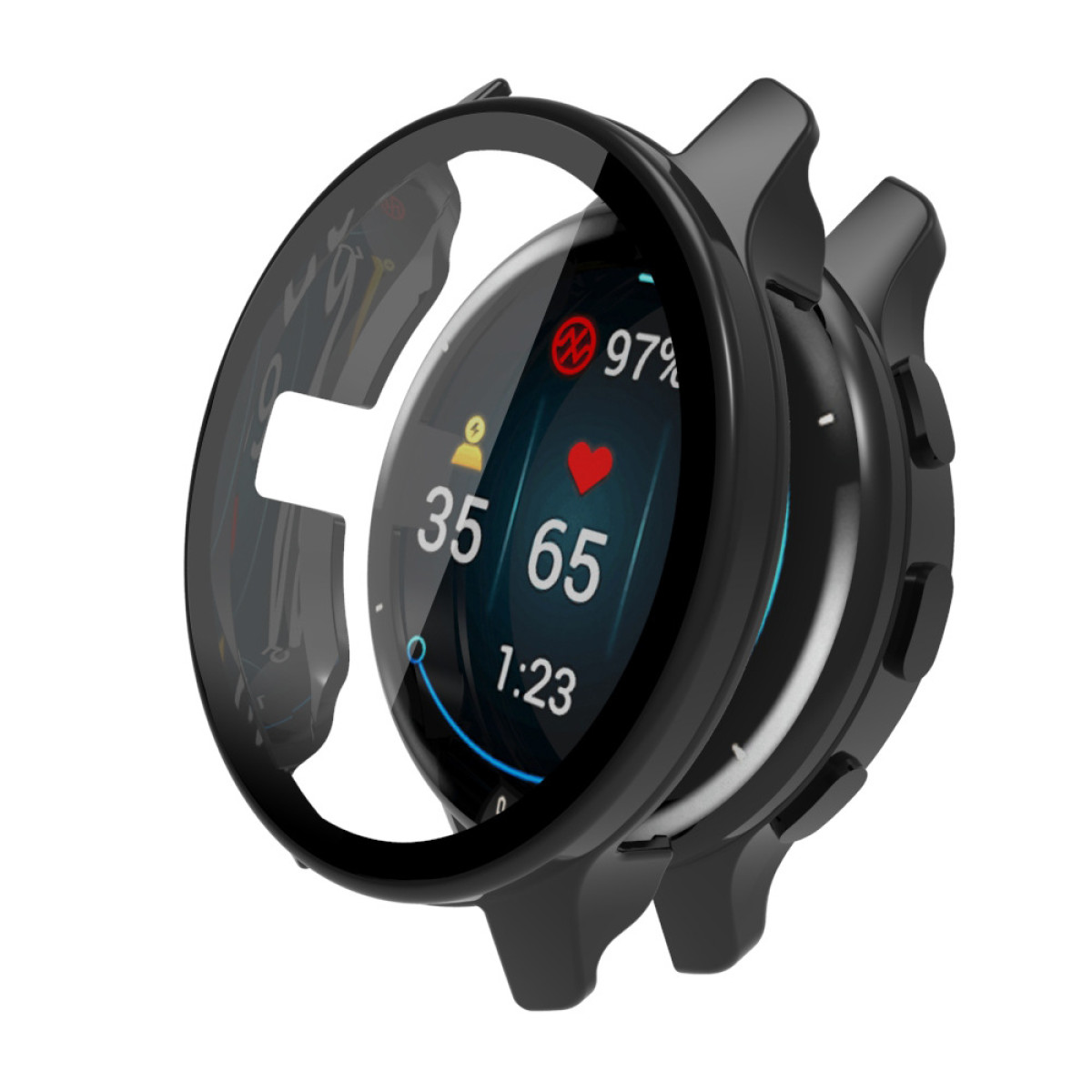 Funda negra para smartwatch con protector de pantalla transparente. Muestra métricas de salud.