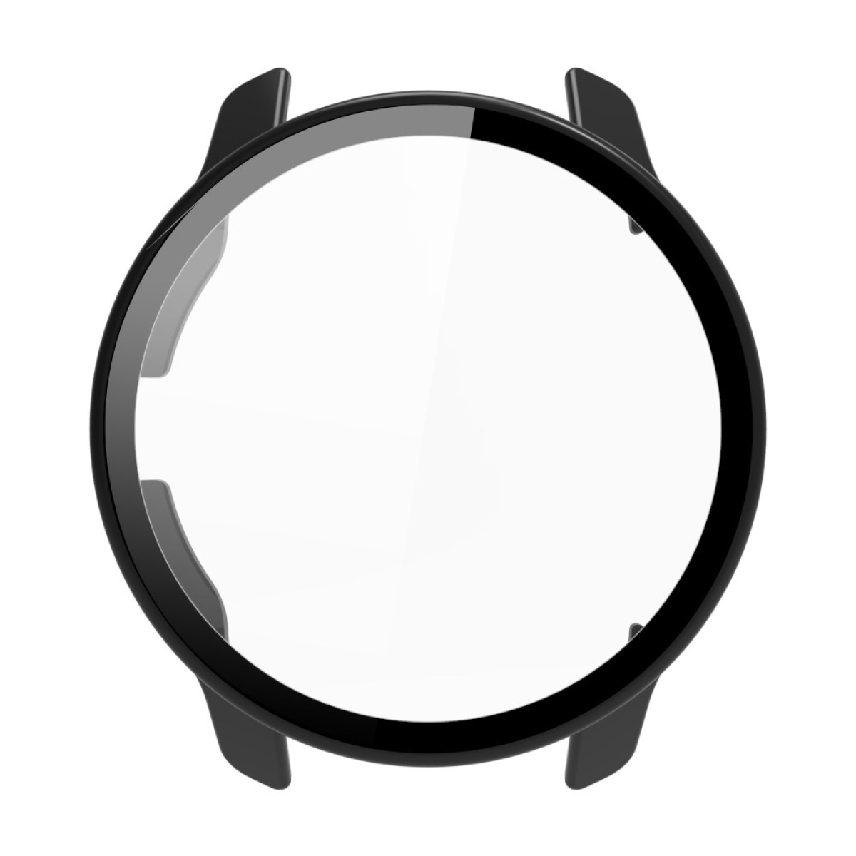 Caja de reloj negra con cristal transparente. Tiene cuatro soportes y forma redondeada.