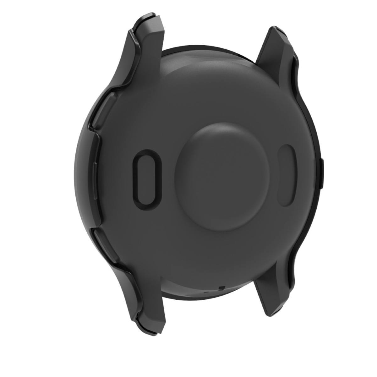 Caja de reloj negra. La parte trasera tiene cortes para los sensores del reloj y un diseño circular.