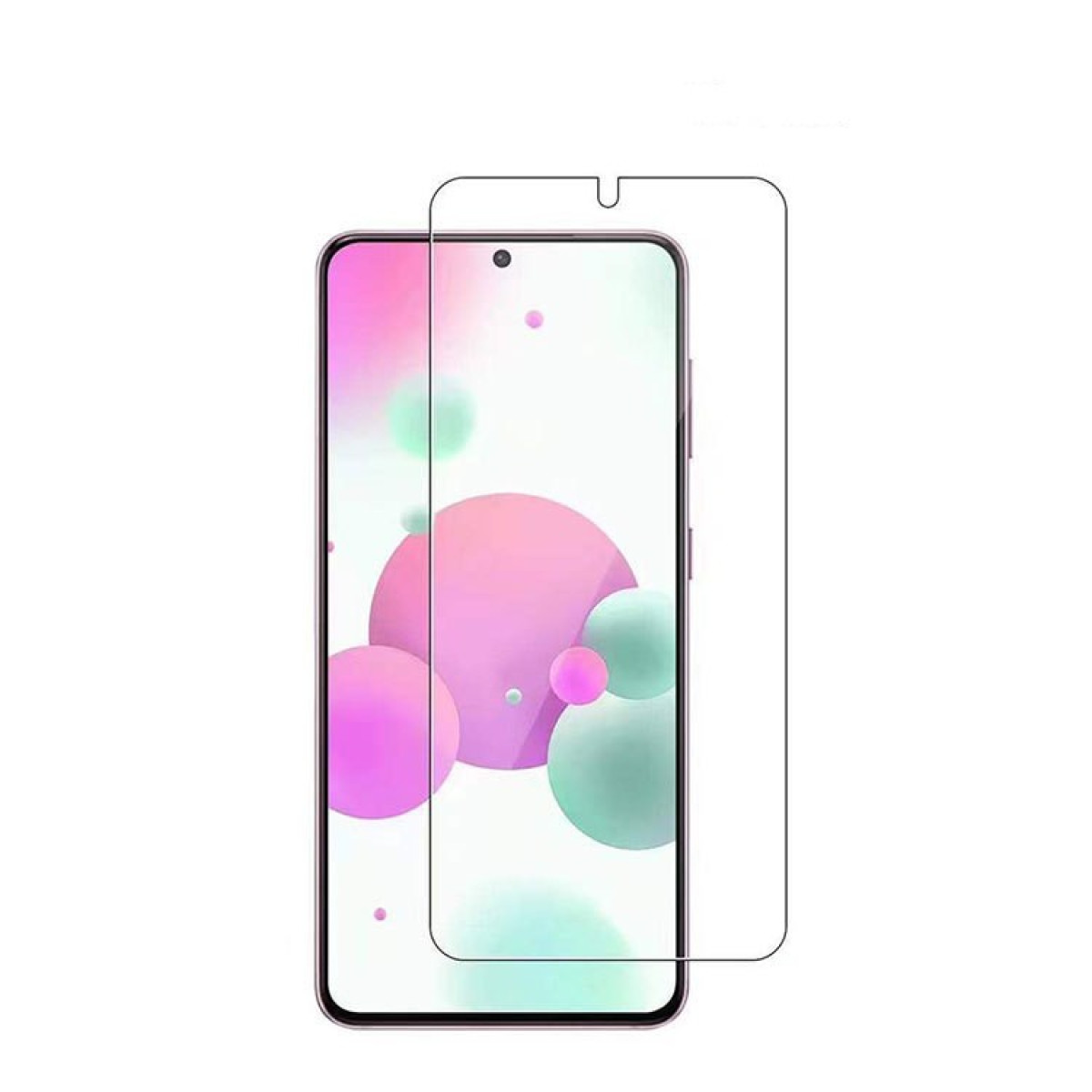 Telefono con protezione schermo. Lo schermo mostra un design astratto colorato. La protezione è trasparente.