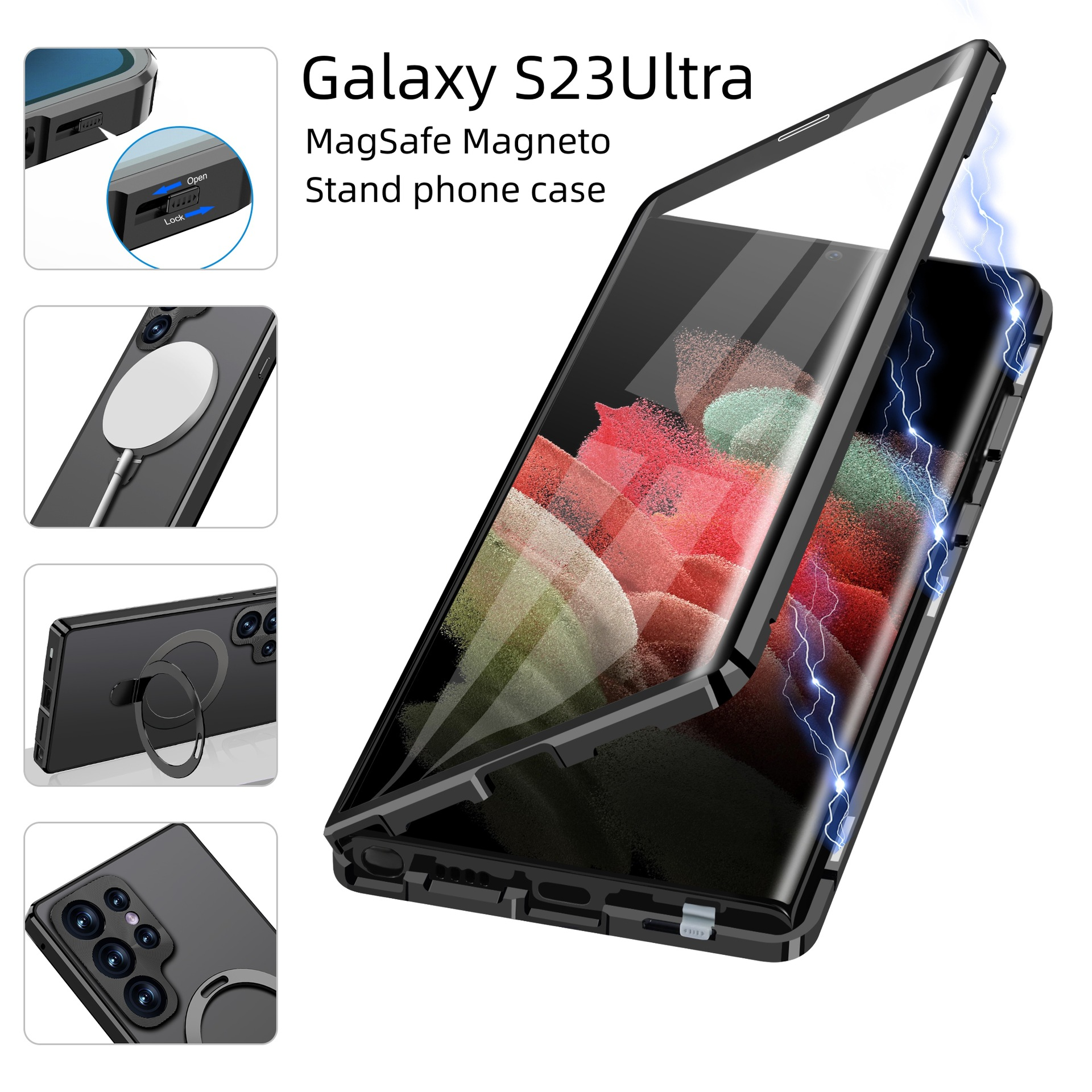Una custodia per telefono con chiusura magnetica, che mostra il Galaxy S23 Ultra con la funzione magneto MagSafe.