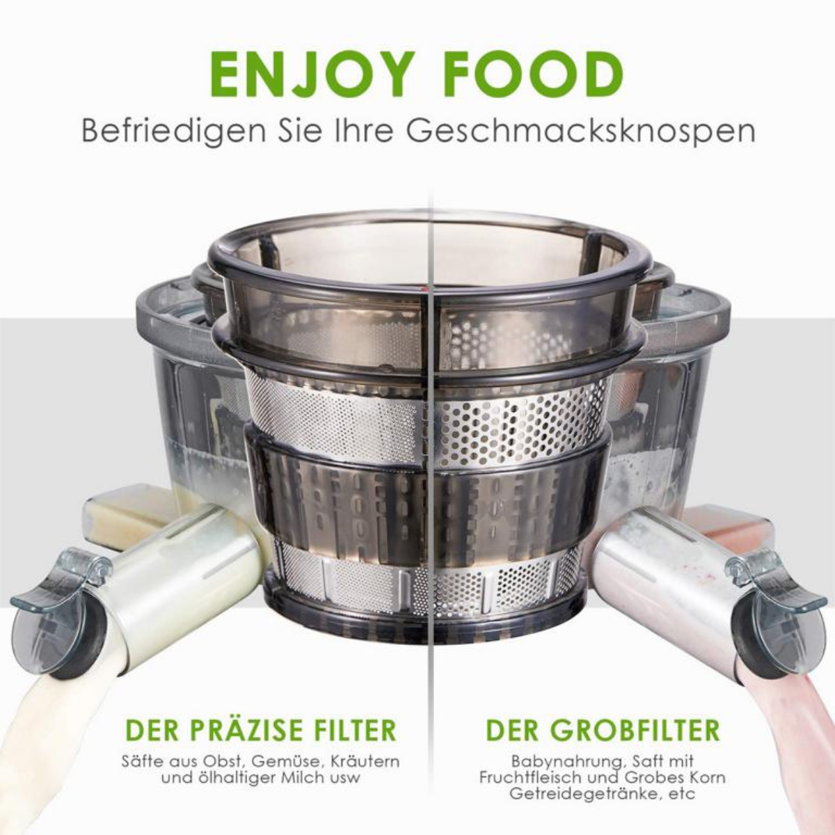 Zwei Entsafterfilter, einer für präzises Filtern und der andere für grobes Filtern, mit Saftfluss.
