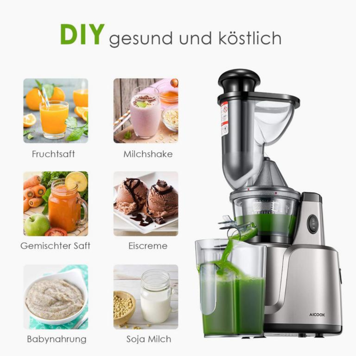 Eine Saftmaschine mit Bildern von Saft und Essen. Darüber steht "DIY gesund und köstlich".