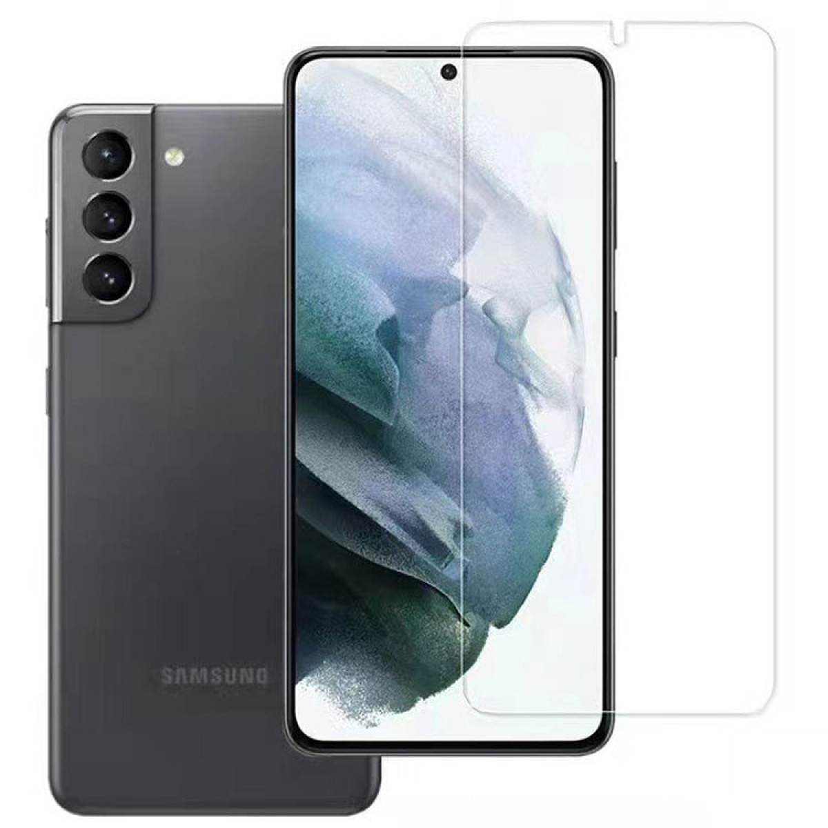 Czarny smartfon z ochraniaczem ekranu, oba na białym tle. Telefon ma trzy tylne kamery.