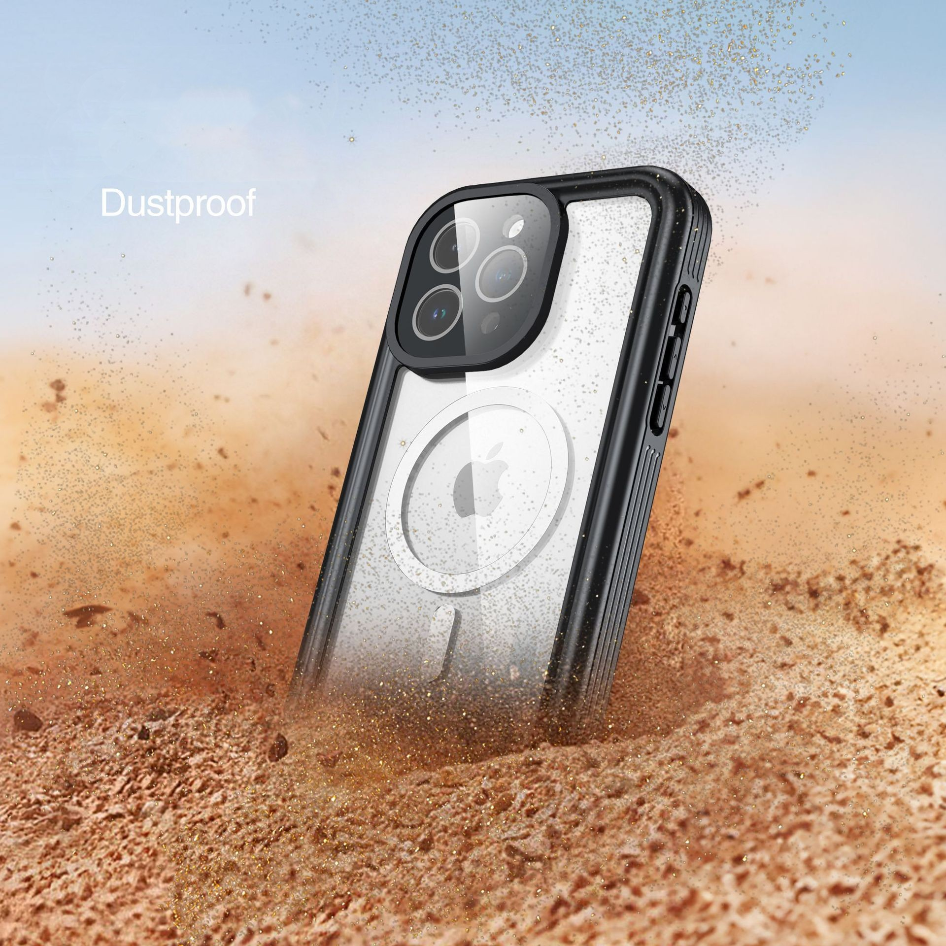 Handyhülle im Sand, mit Staubeffekt um die Hülle herum.