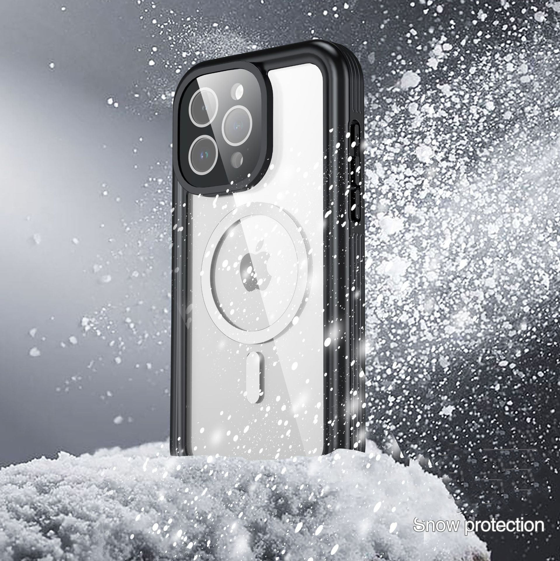 Eine Handyhülle im Schnee. Die Hülle ist transparent mit schwarzem Rand, und Schnee fällt darum herum. Die Hülle ist für ein Telefon.