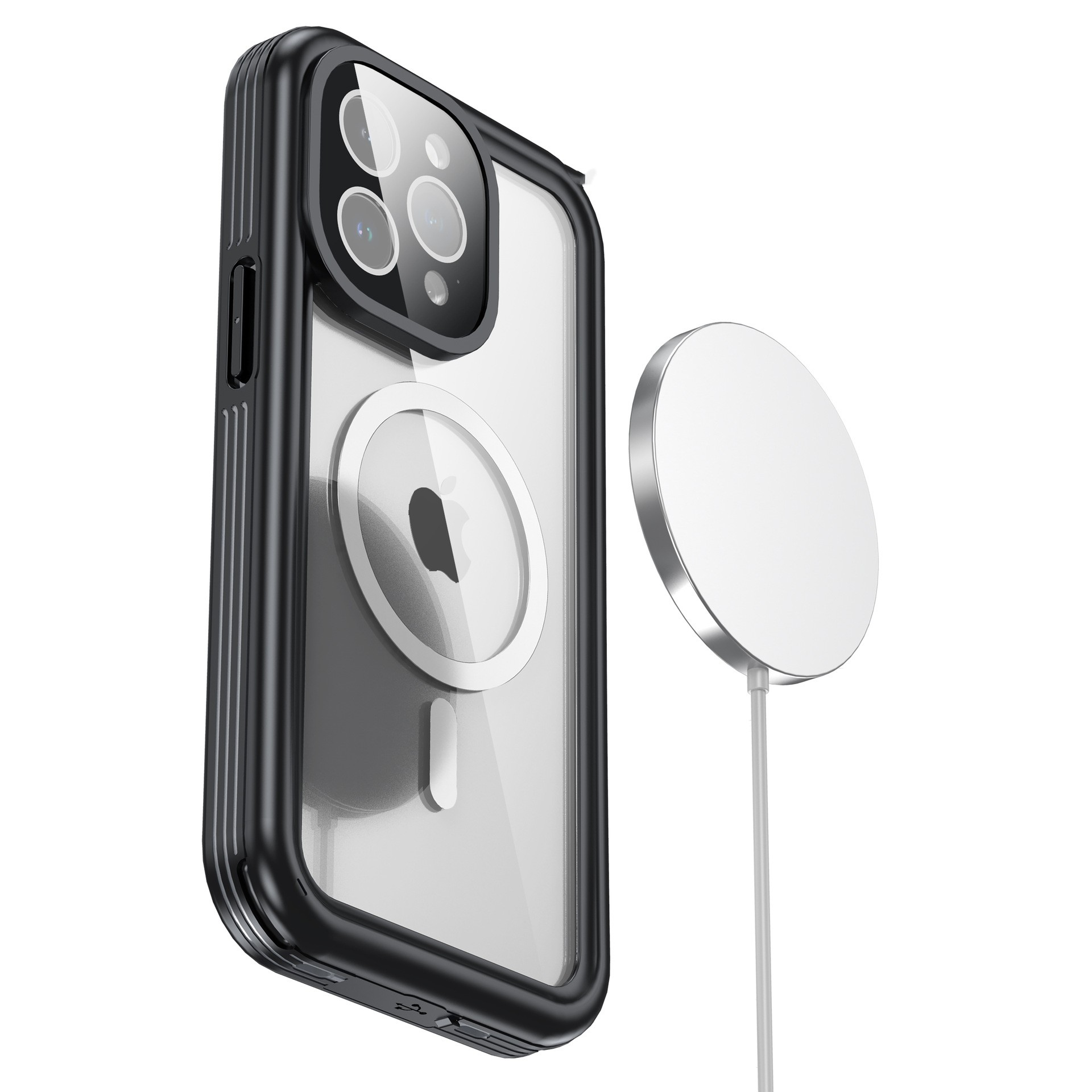 Eine transparente iPhone-Hülle mit einem MagSafe-Ladegerät. Die Handyhülle hat einen schwarzen Rahmen.