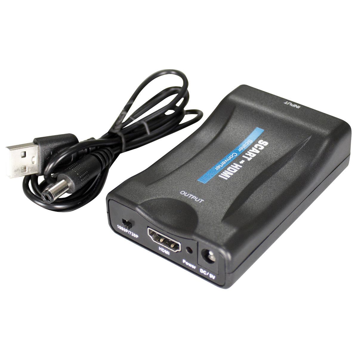 Schwarzer SCART-zu-HDMI-Konverter mit USB-Kabel und HDMI-Kabel. Weißer Hintergrund.