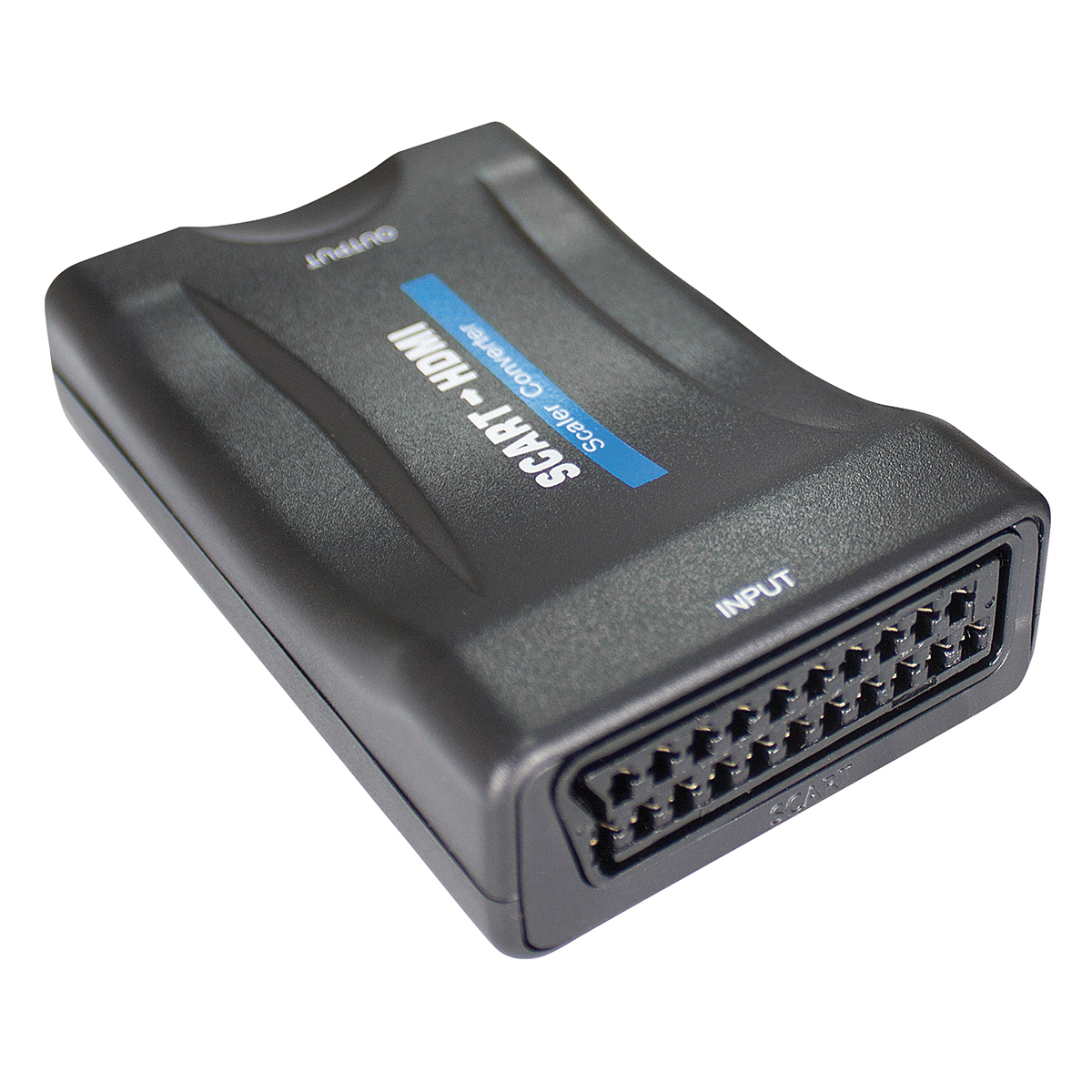 Schwarzer SCART-zu-HDMI-Konverter. Hat Eingangs- und Ausgangsanschlüsse. Produkt auf weißem Hintergrund.