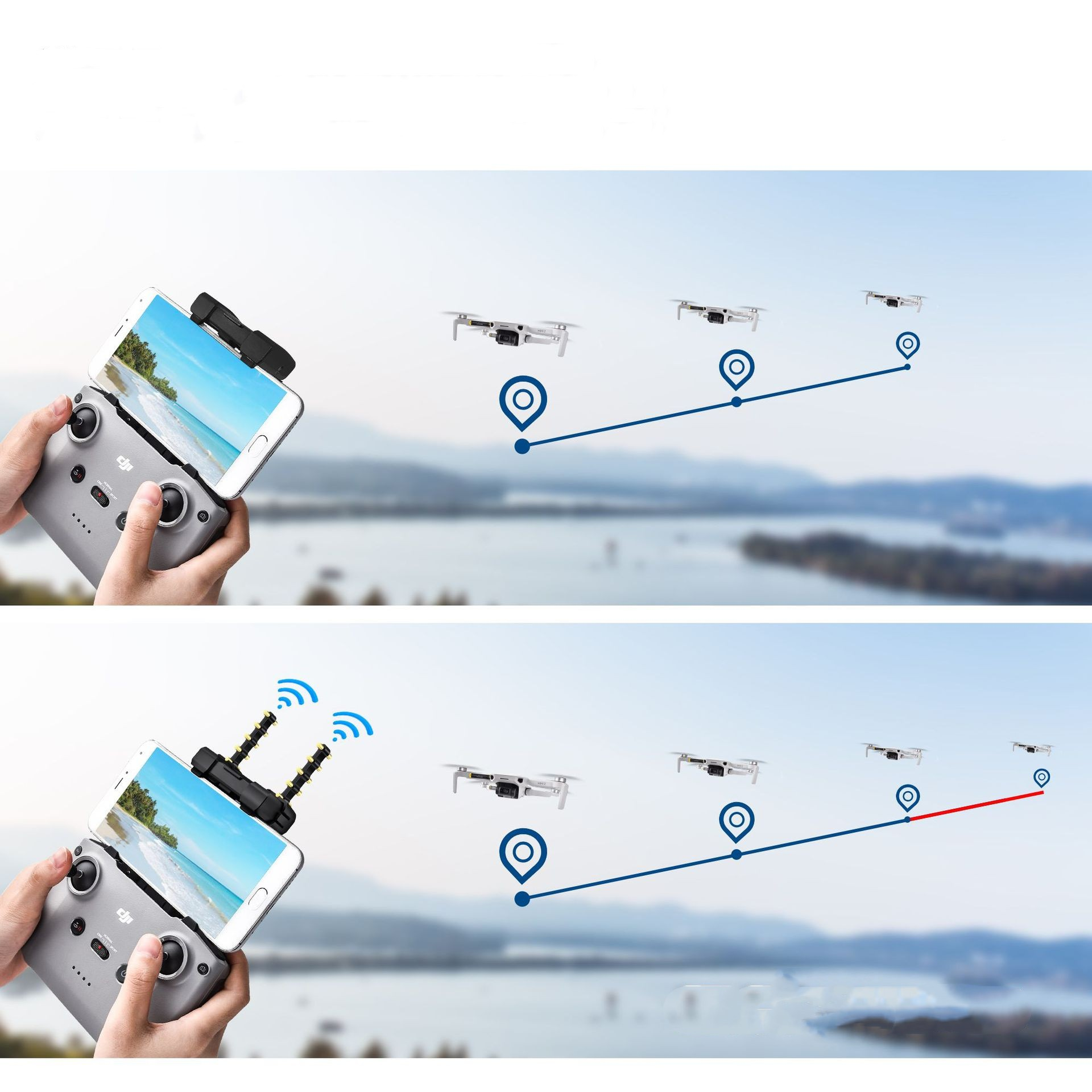 Dronepiloot die een telefoon gebruikt met een drone controller. De telefoon toont de vliegroute en locatie van de drone.