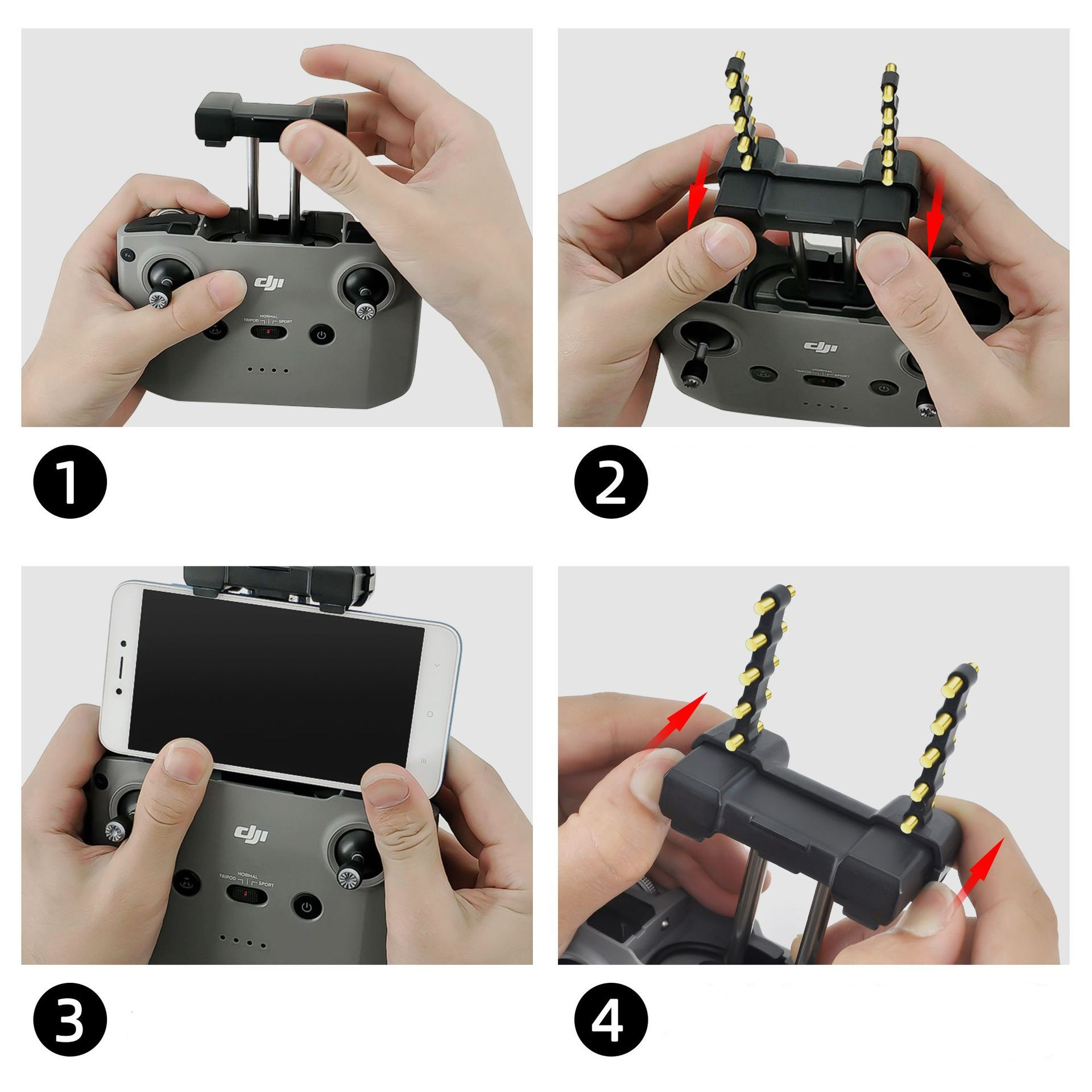 Stappen om een dronecontroller te monteren. Handen manipuleren de controller en zijn componenten.
