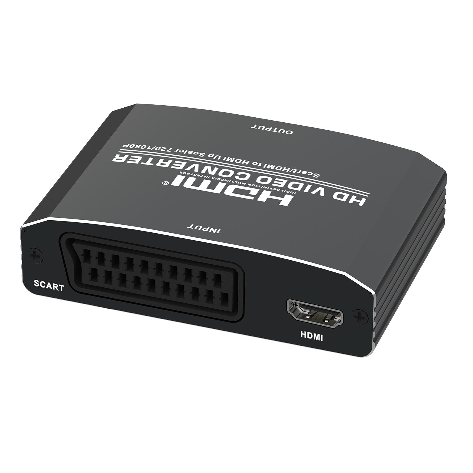 Ein schwarzer HDMI-zu-SCART-Konverter mit Eingangs- und Ausgangsanschlüssen.