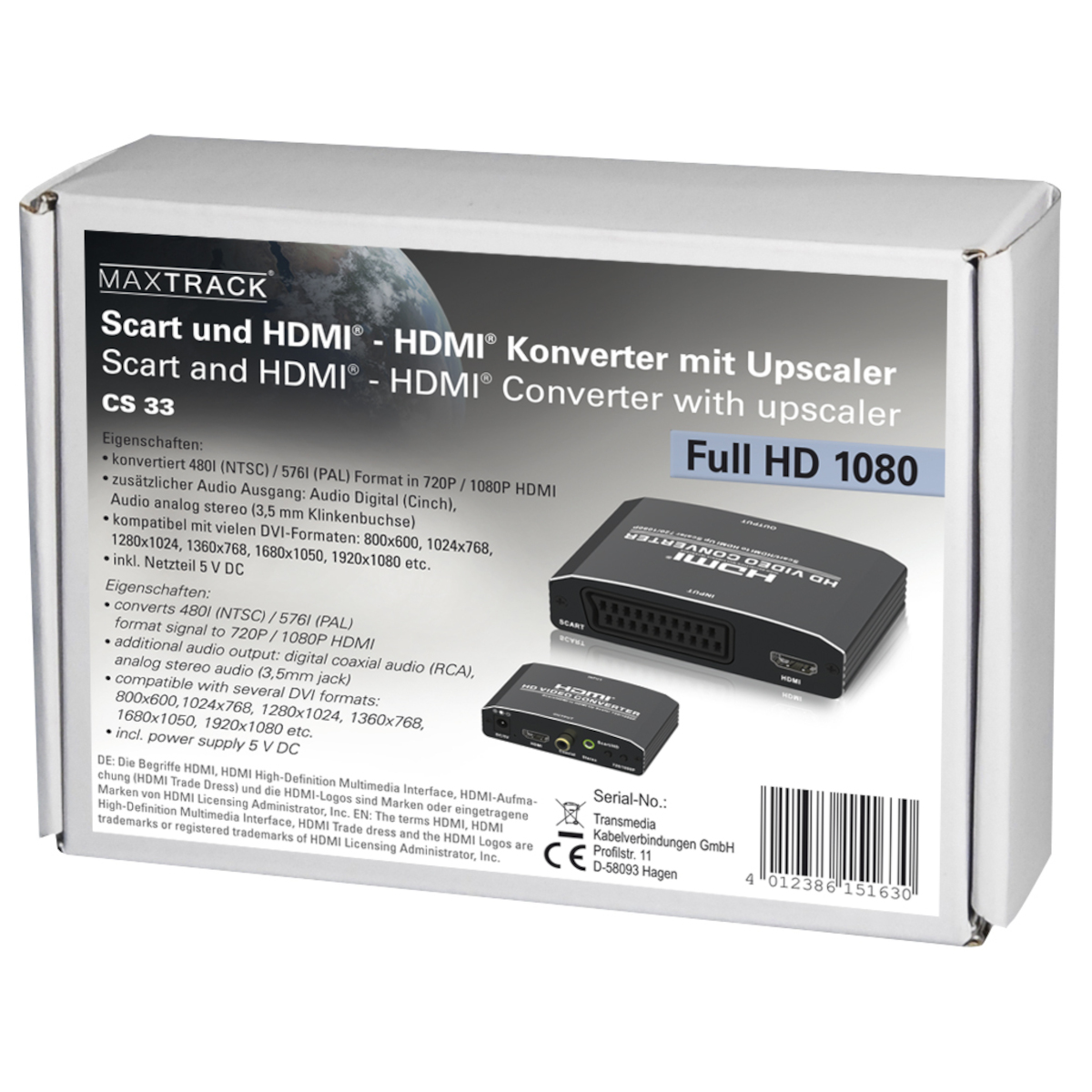 Box mit Gerät, "Scart und HDMI Konverter", mit Text und Produktbild, weißer Hintergrund.