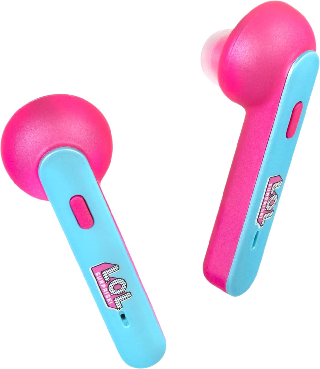 Due auricolari rosa e blu con il logo L.O.L. Surprise sono mostrati su sfondo bianco.
