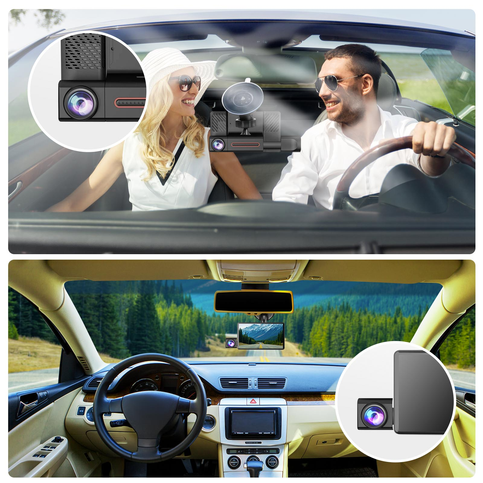 Paar im Auto mit Dashcam. Innenansicht eines Autos mit Dashcam.