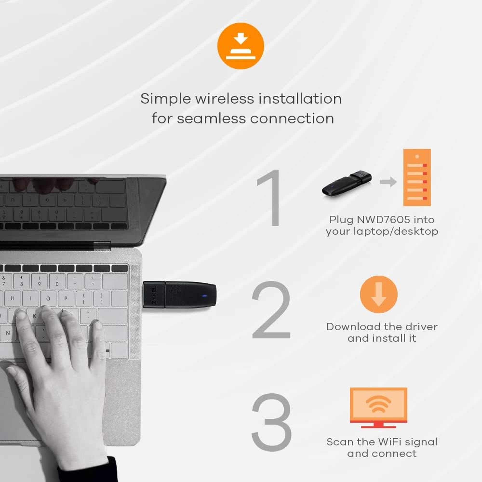 Diagramma che mostra i passaggi di installazione wireless. Include un laptop, un adattatore USB e un'icona WiFi.