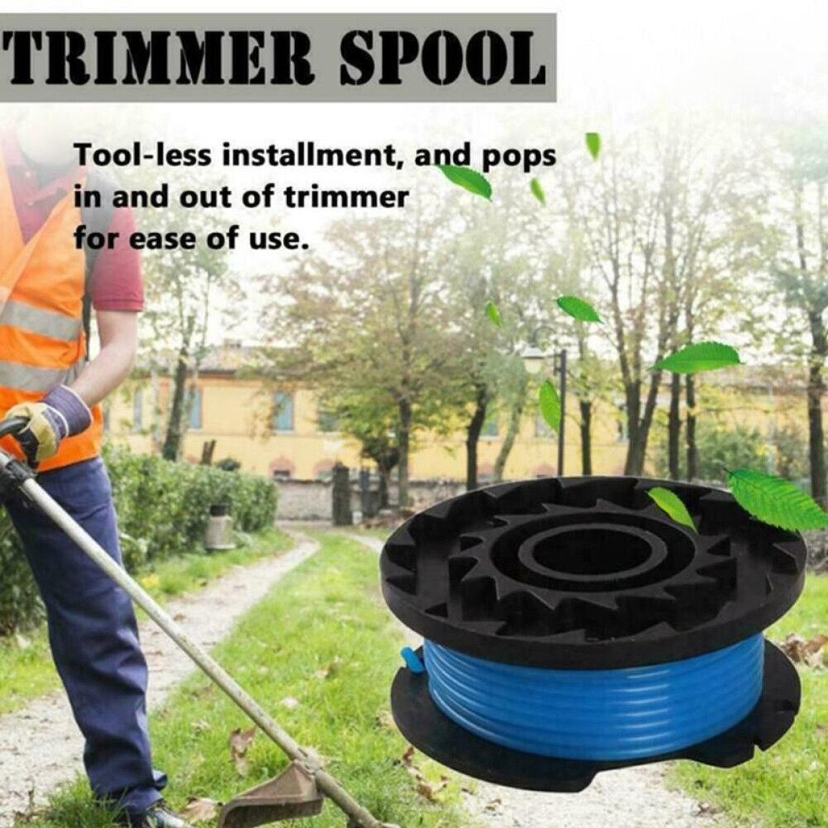 Zwarte trimmer spoel met blauwe lijn. Man gebruikt trimmer. Groene achtergrond.