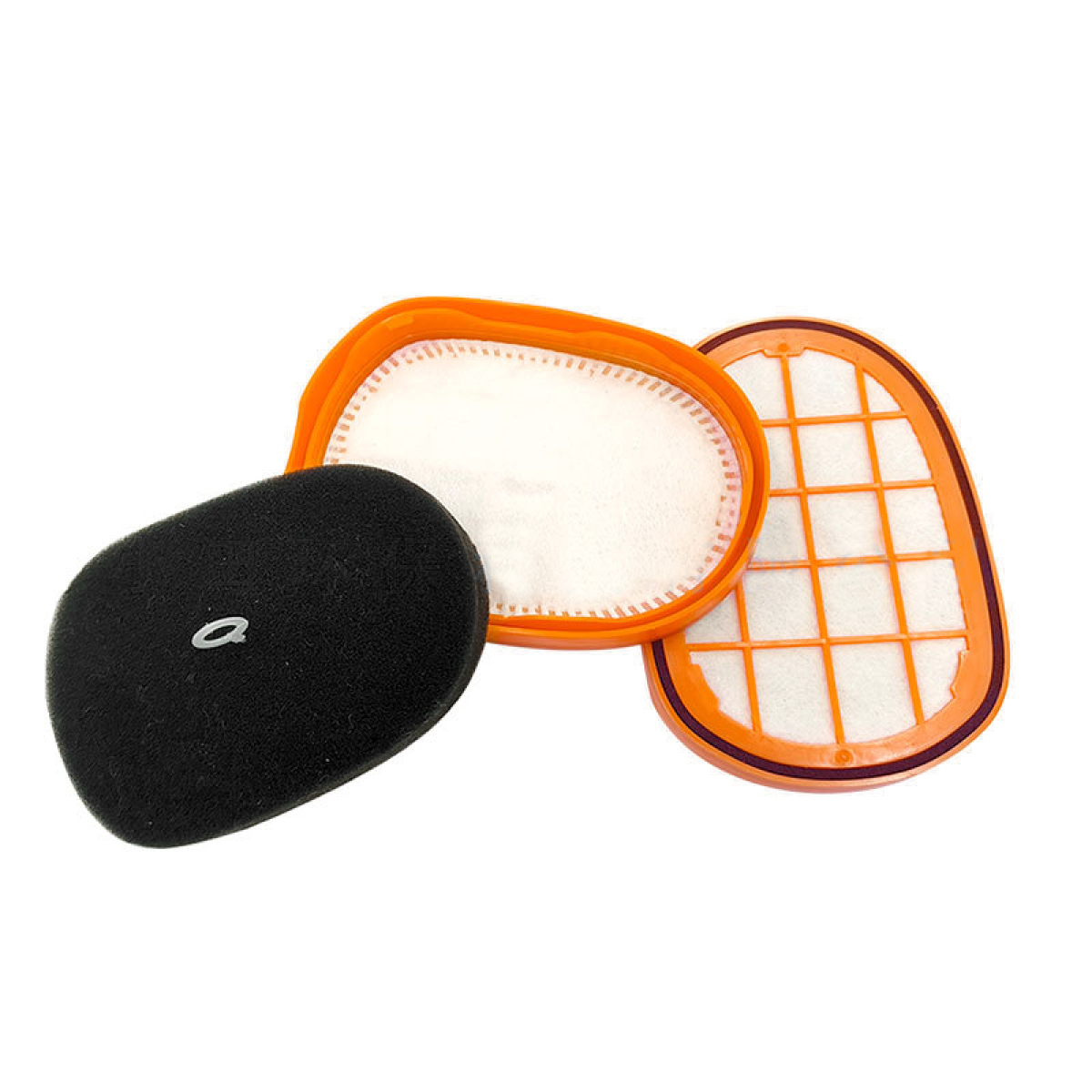 Trzy filtry: czarna pianka, biały filtr i pomarańczowa ramka z białym filtrem.