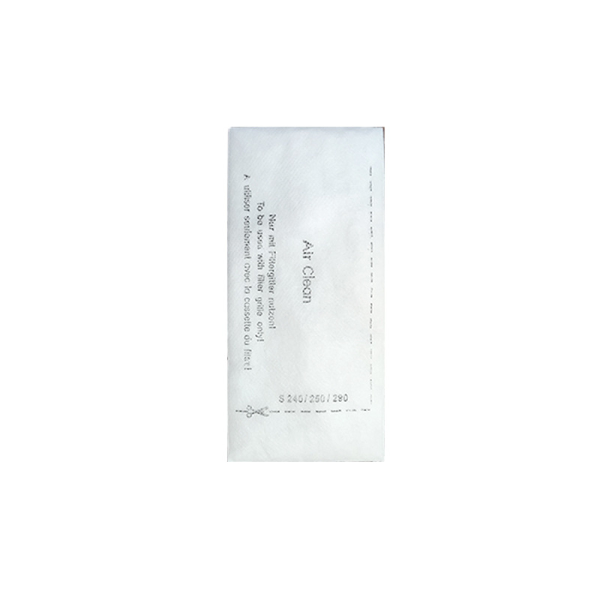 Białe opakowanie wymienne filtra powietrza z tekstem w wielu językach, na białym tle.