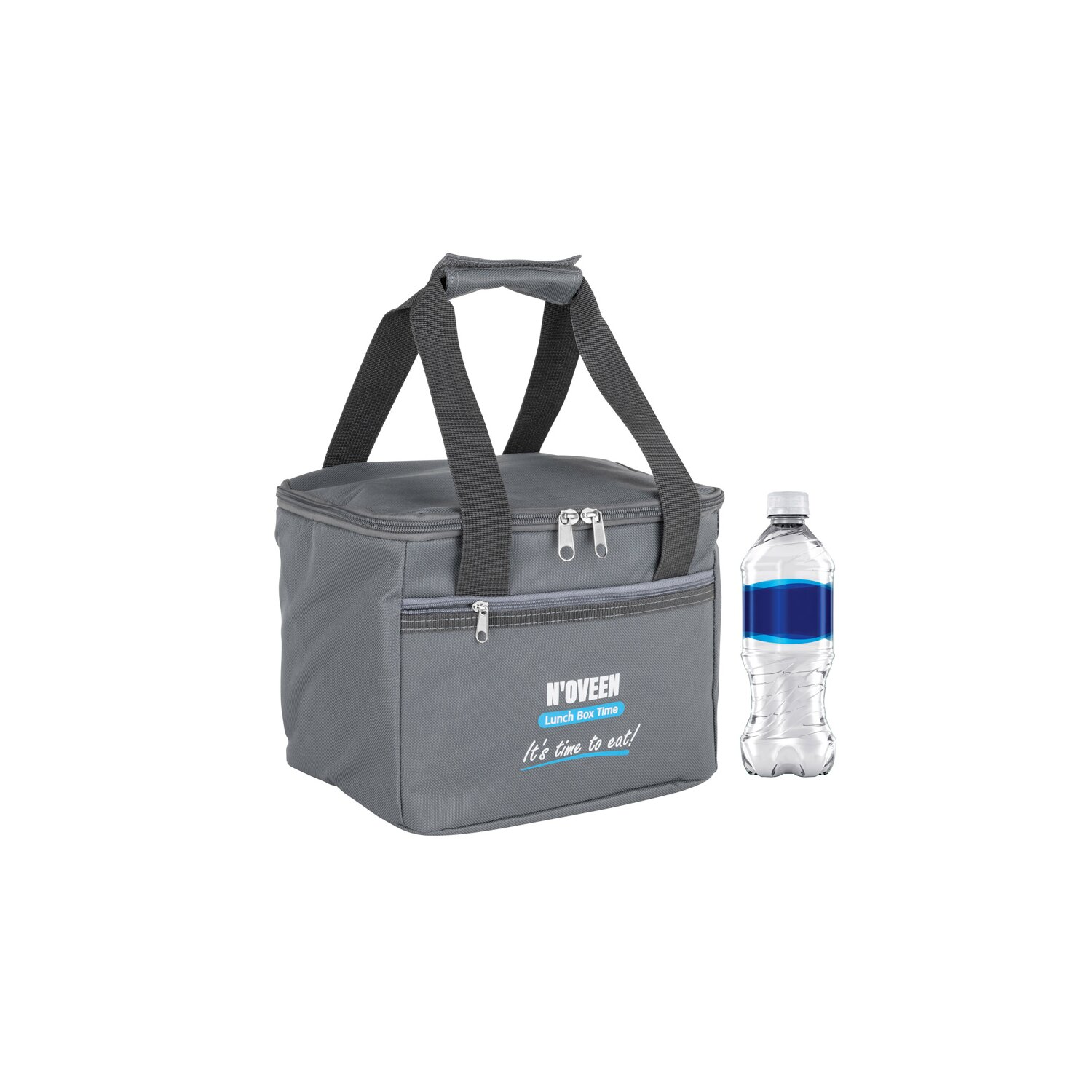 Graue Lunchtasche mit Griff, geschlossen und eine Wasserflasche.