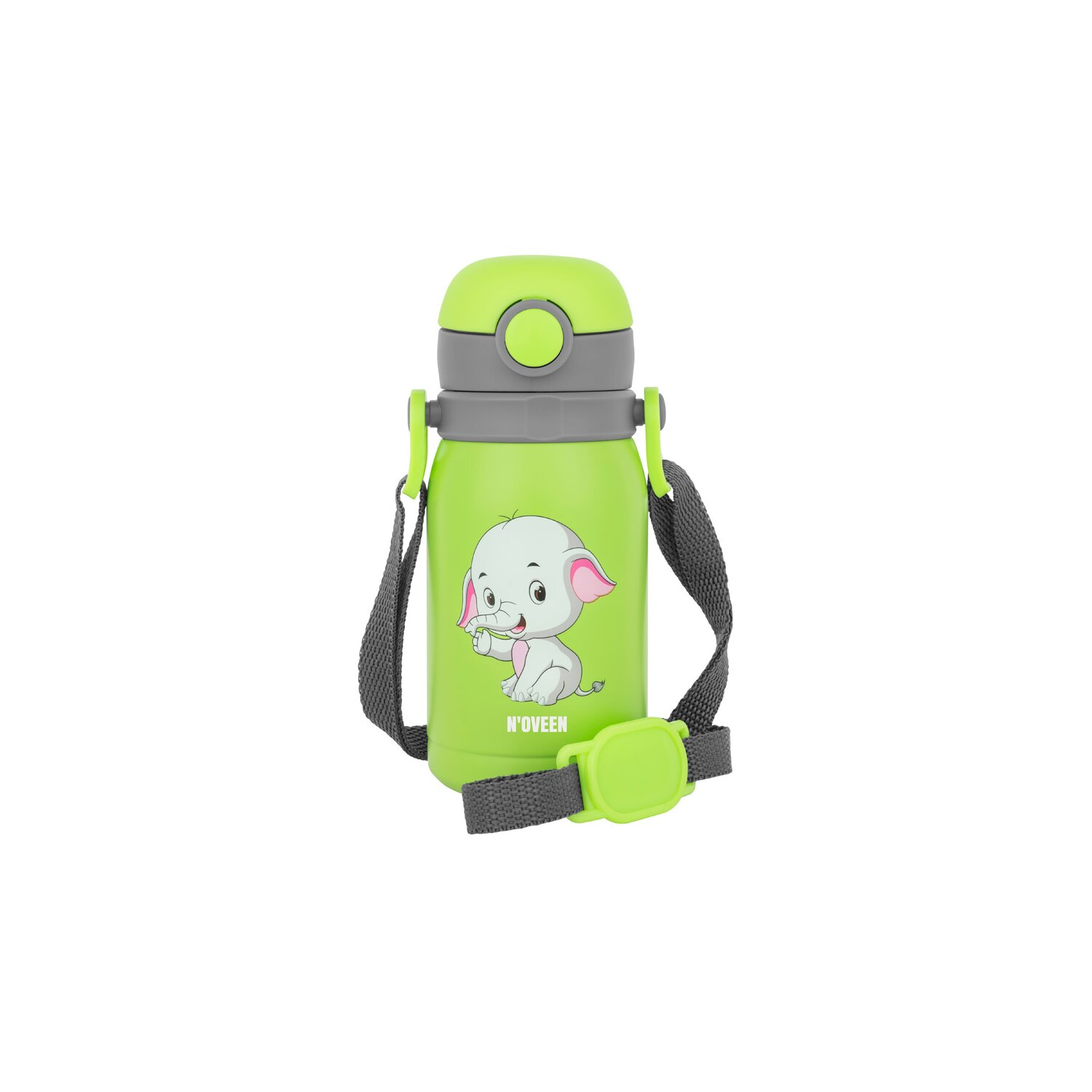 Grüne Wasserflasche mit Elefanten-Cartoon und grauem Gurt, auf weißem Hintergrund.