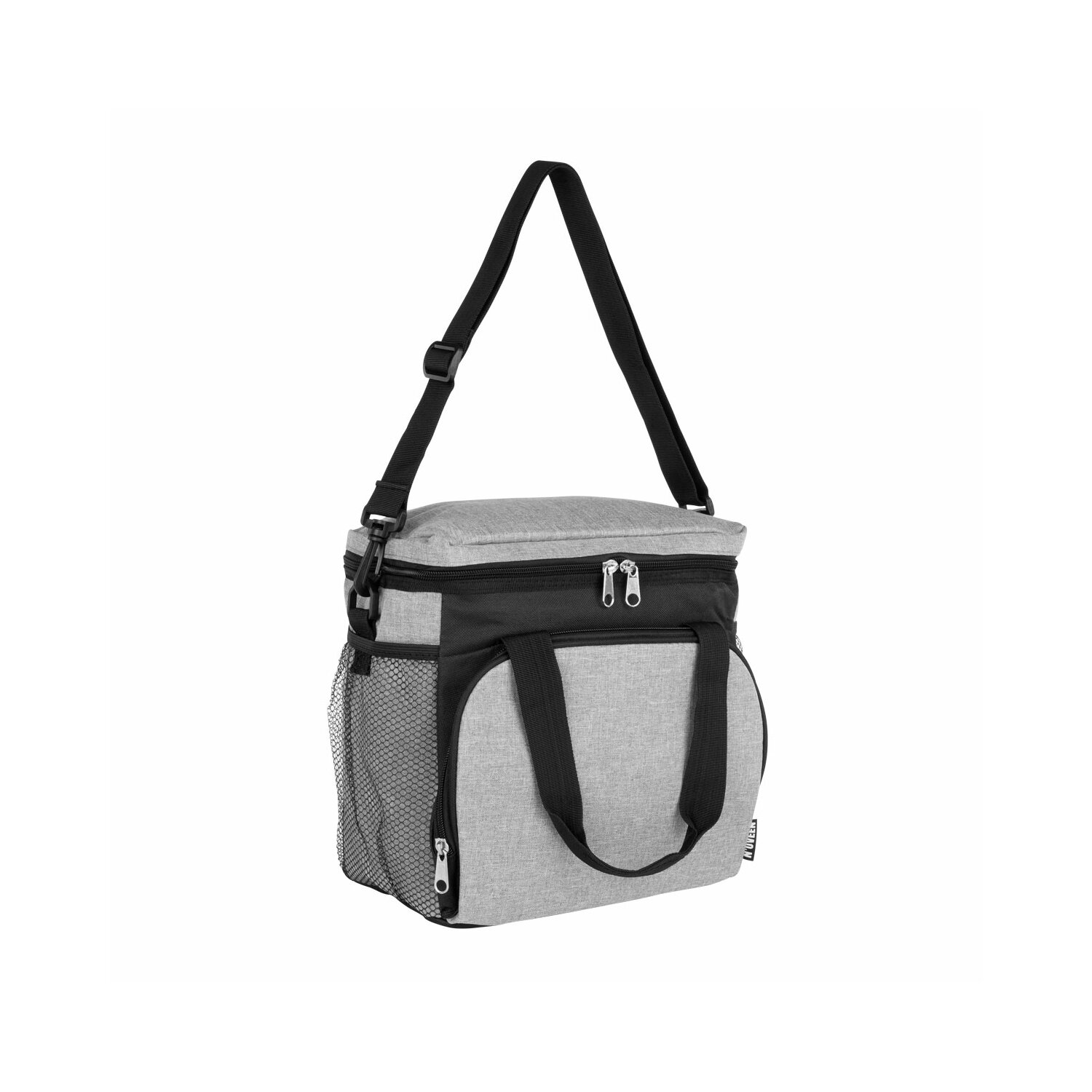 Graue, isolierte Kühltasche mit schwarzen Details. Sie hat einen Schultergurt.