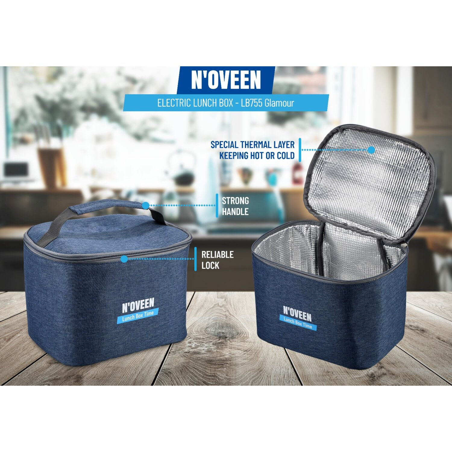 Dwa niebieskie pojemniki na lunch N'OVEEN, jeden zamknięty, drugi otwarty, z termoizolacją. Tekst: Electric Lunch Box - LB755 Glamour.