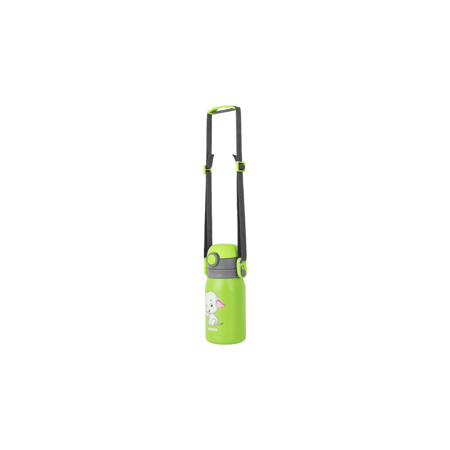 Grüne isolierte Wasserflasche mit Riemen und Elefanten-Grafik. Schwarzer Riemen und grüner Deckel.